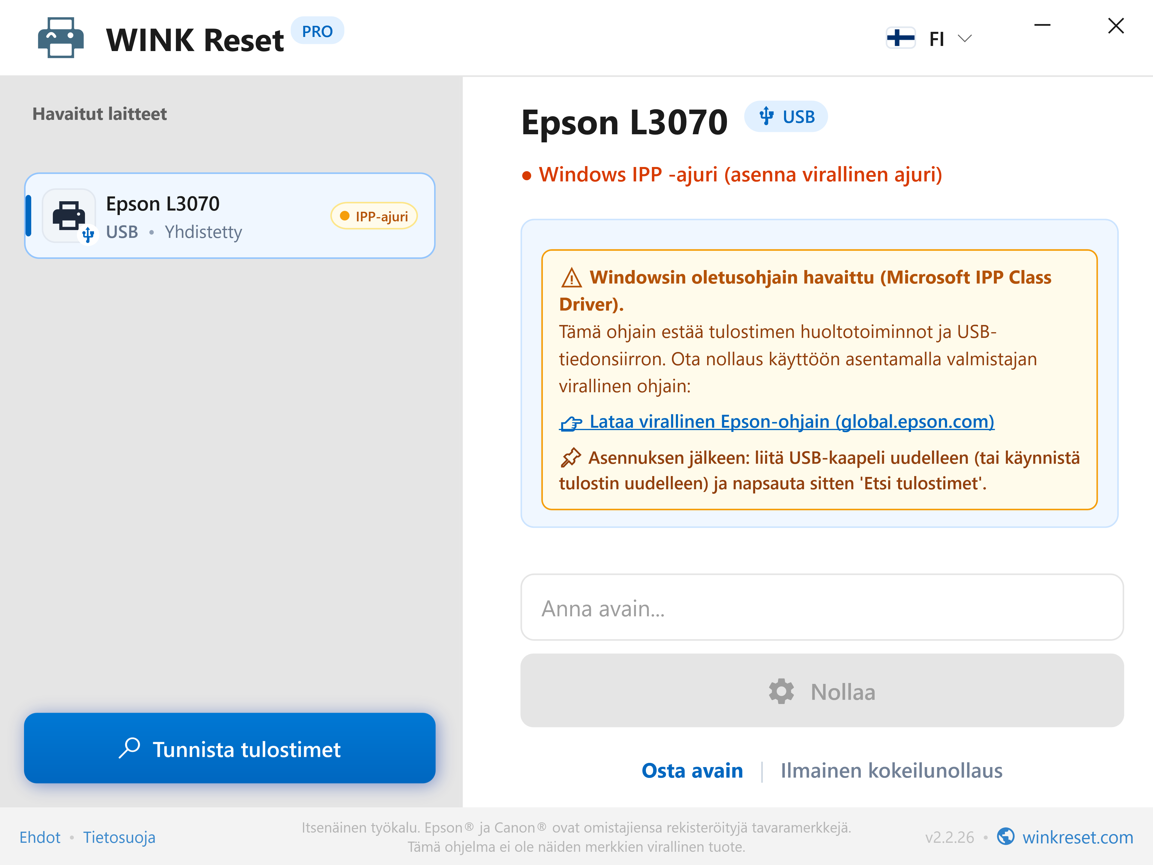 Tiedonsiirtovaroitus: Microsoft IPP Class Driver - WINK Reset PRO (FI)