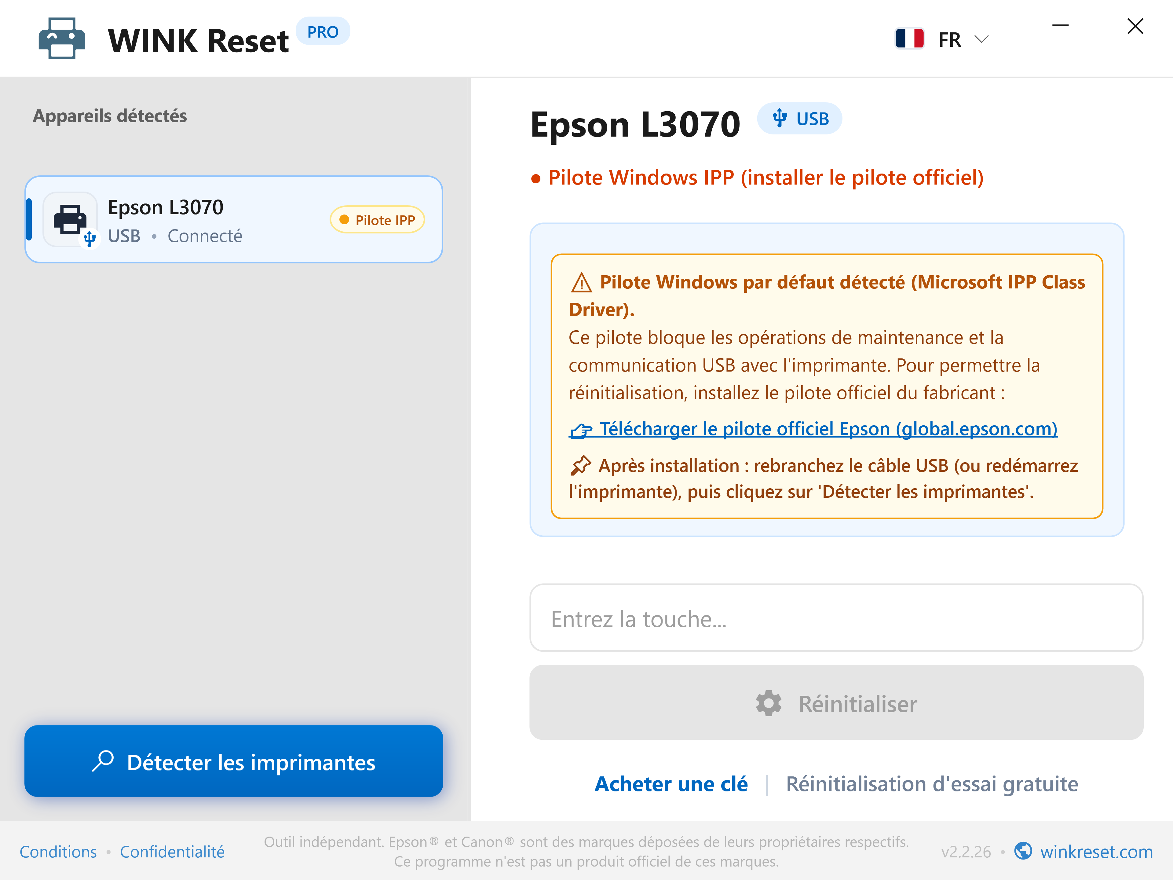 Détection de blocage par le pilote Microsoft IPP - WINK Reset PRO (FR)