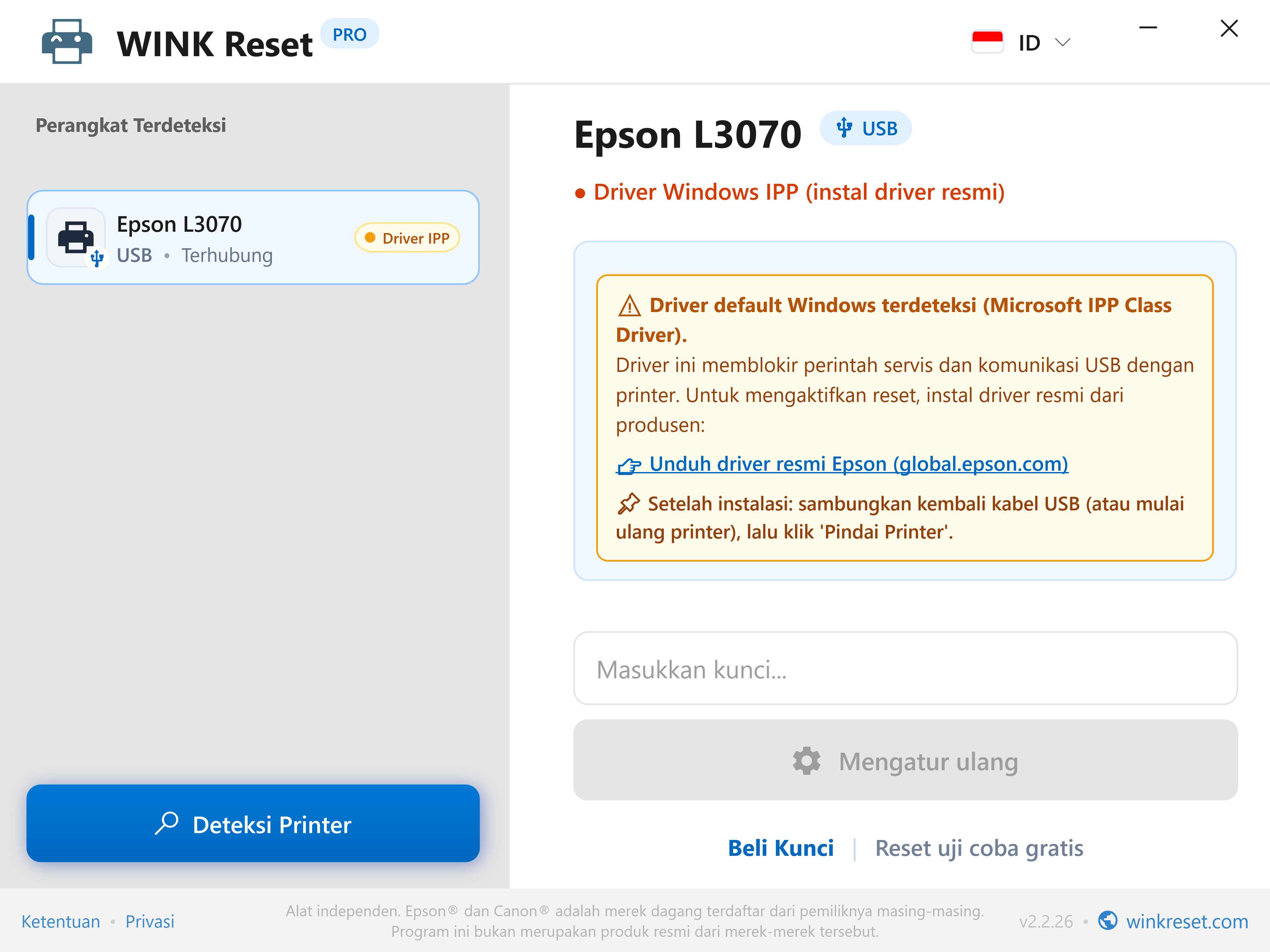 Peringatan komunikasi: Pemblokiran Microsoft IPP Class Driver - WINK Reset PRO (ID)