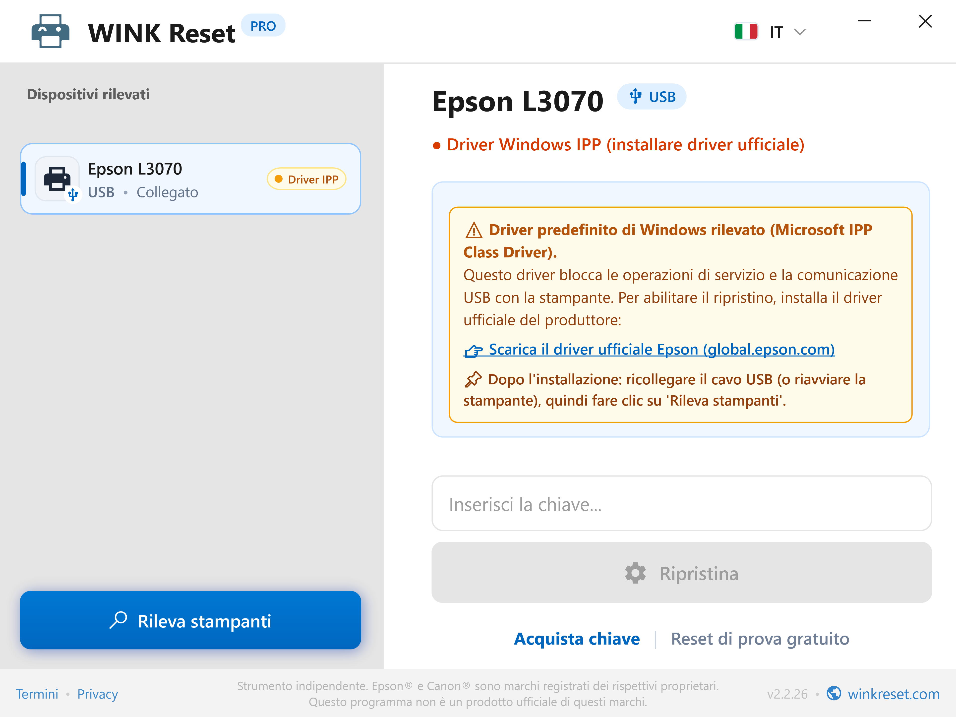 Rilevamento del blocco dovuto al driver Microsoft IPP - WINK Reset PRO (IT)