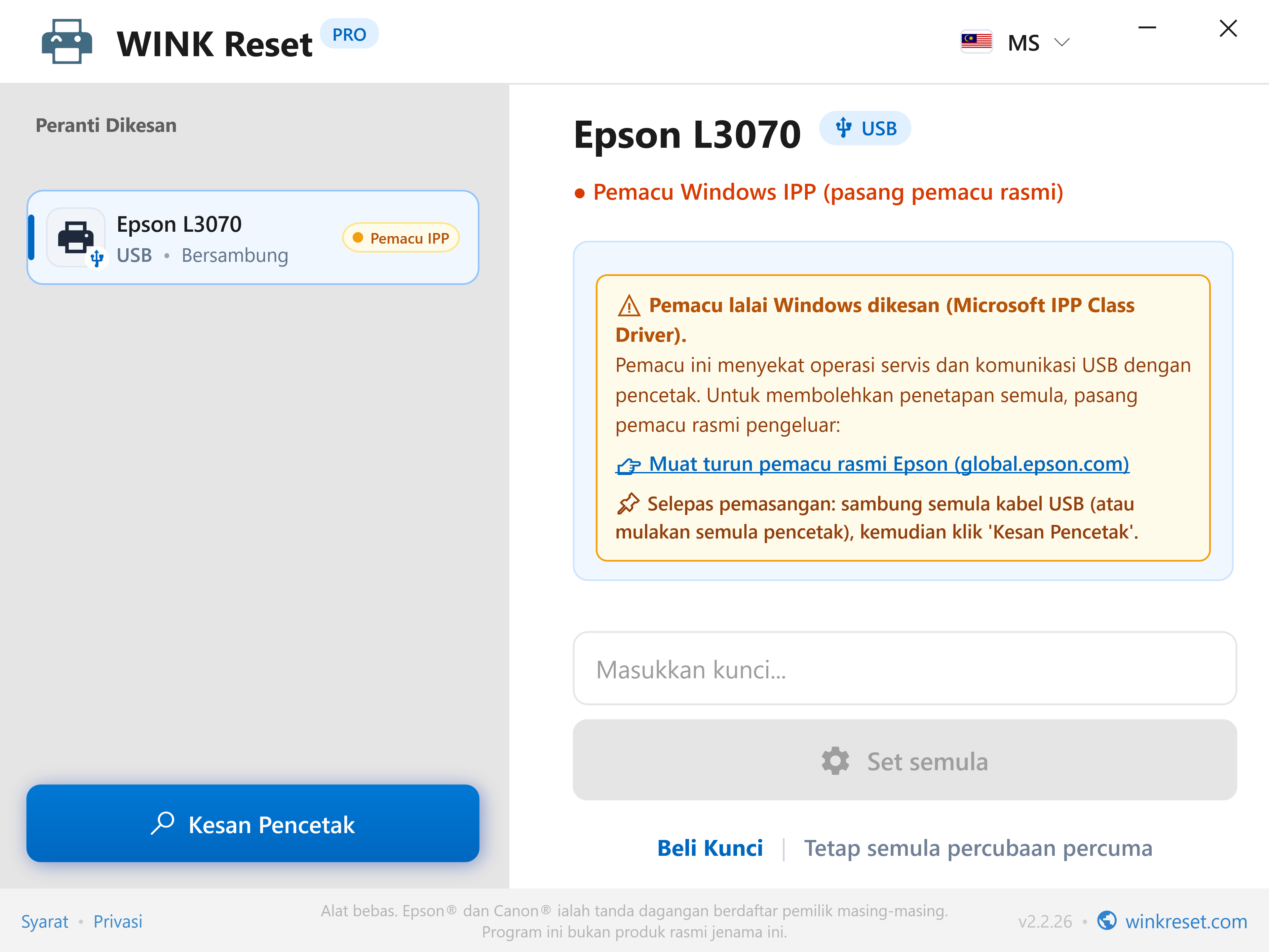 Amaran komunikasi: Sekatan Microsoft IPP Class Driver - WINK Reset PRO (MS)