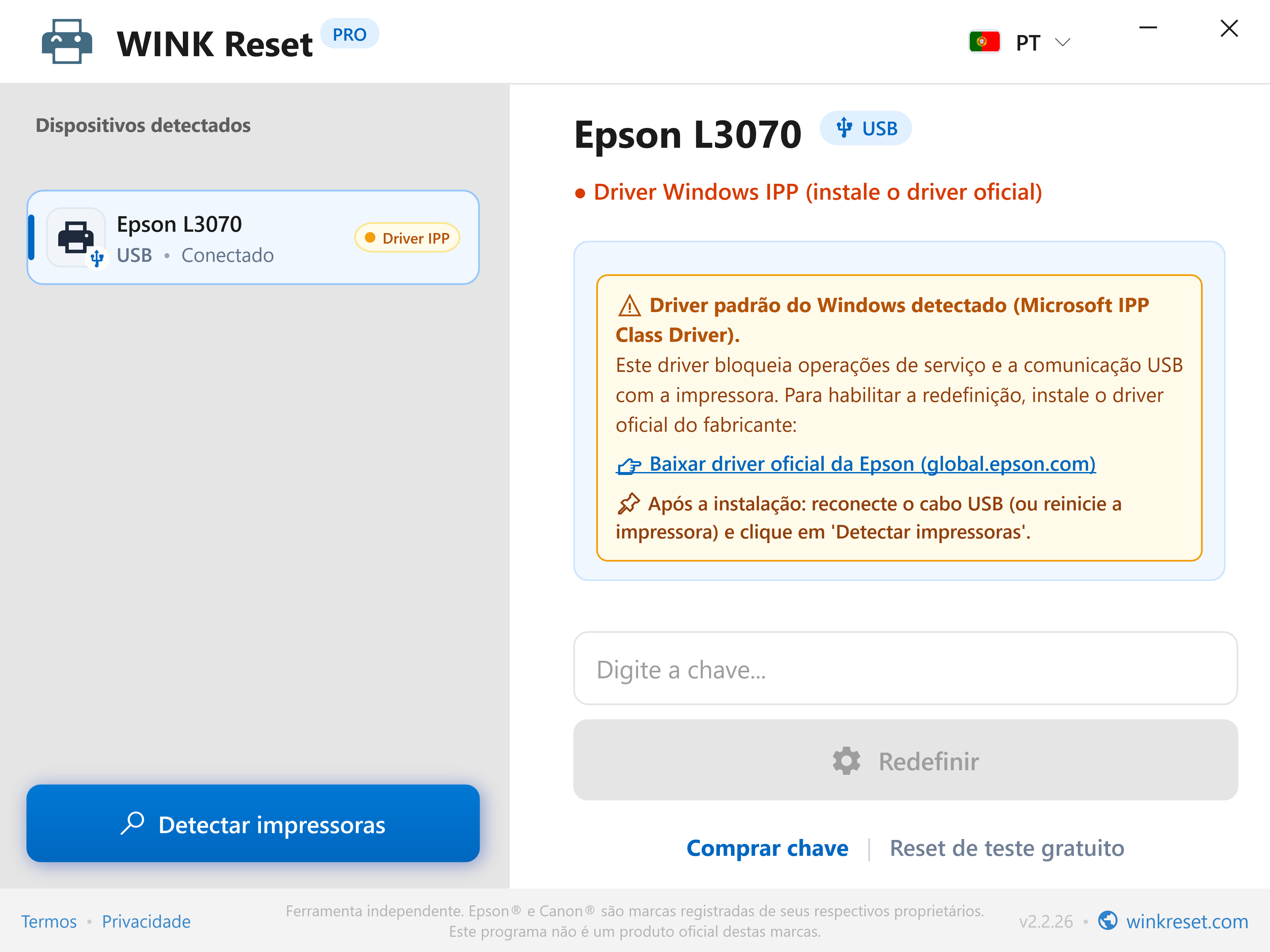 Deteção de bloqueio pelo Microsoft IPP Class Driver - WINK Reset PRO (PT)