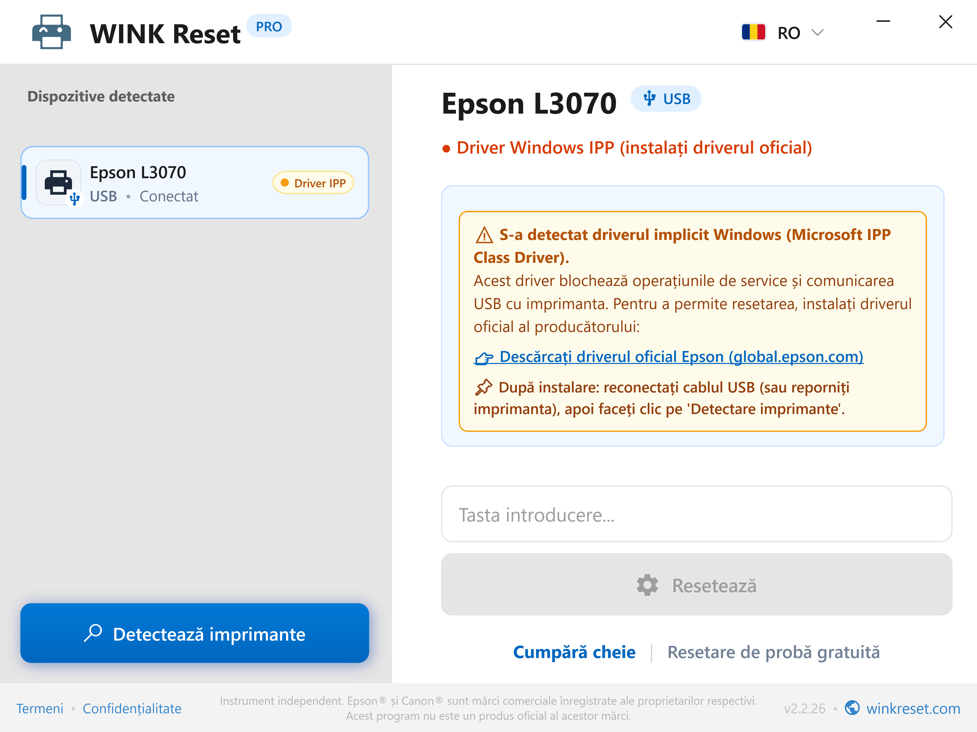 Avertisment de comunicare: Microsoft IPP Class Driver - WINK Reset PRO (RO)