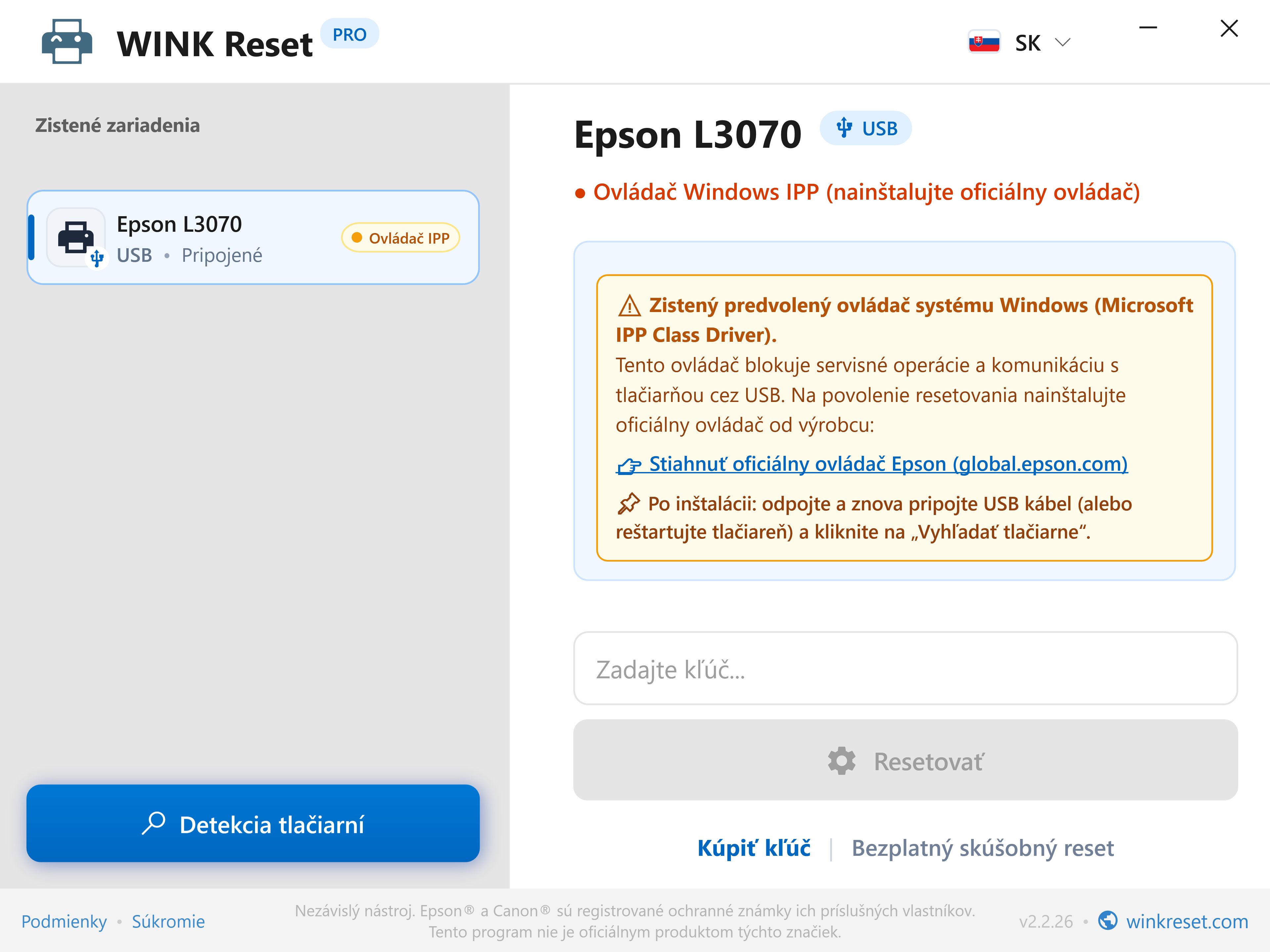 Detekcia blokácie ovládačom Microsoft IPP Class Driver - WINK Reset PRO (SK)