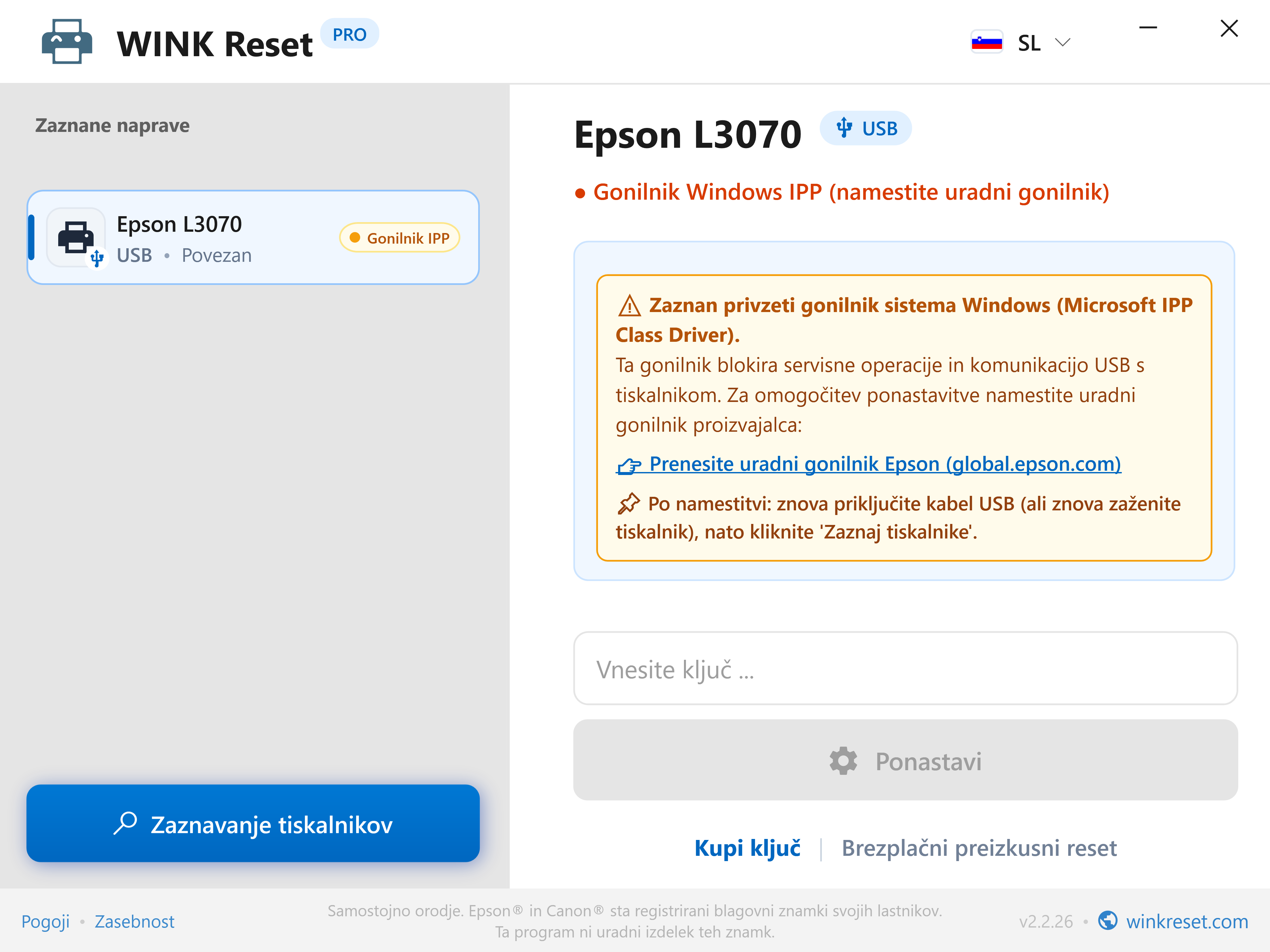 Opozorilo o komunikacijski blokadi: Microsoft IPP Class Driver - WINK Reset PRO (SL)