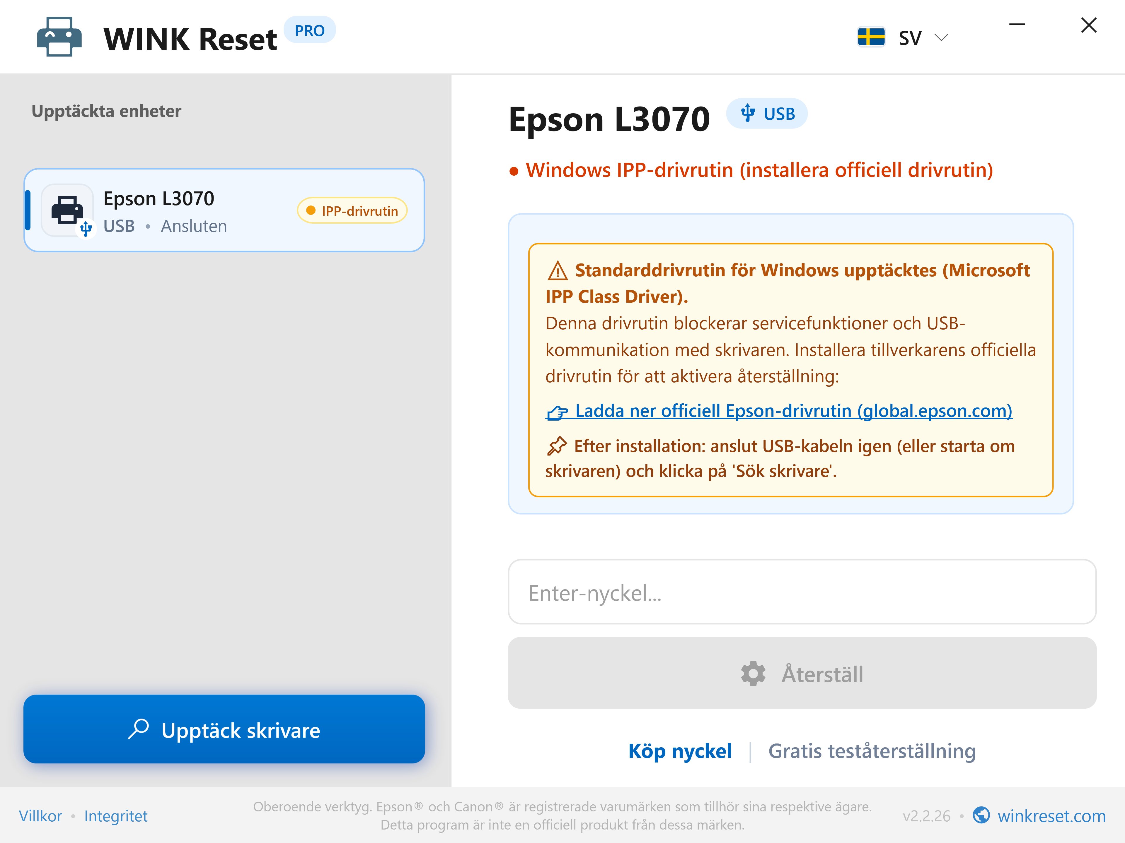 Kommunikationsvarning: Microsoft IPP Class Driver - WINK Reset PRO (SV)