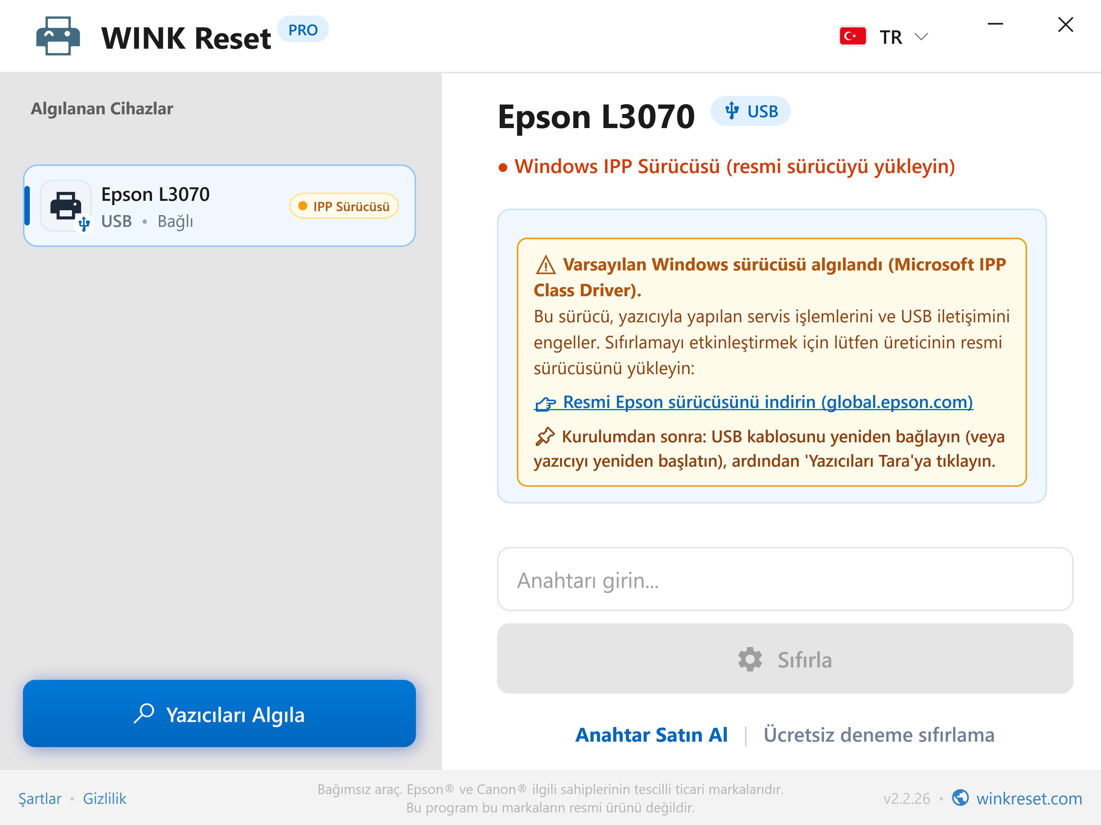 Microsoft IPP Class Driver iletişim engeli uyarısı - WINK Reset PRO (TR)