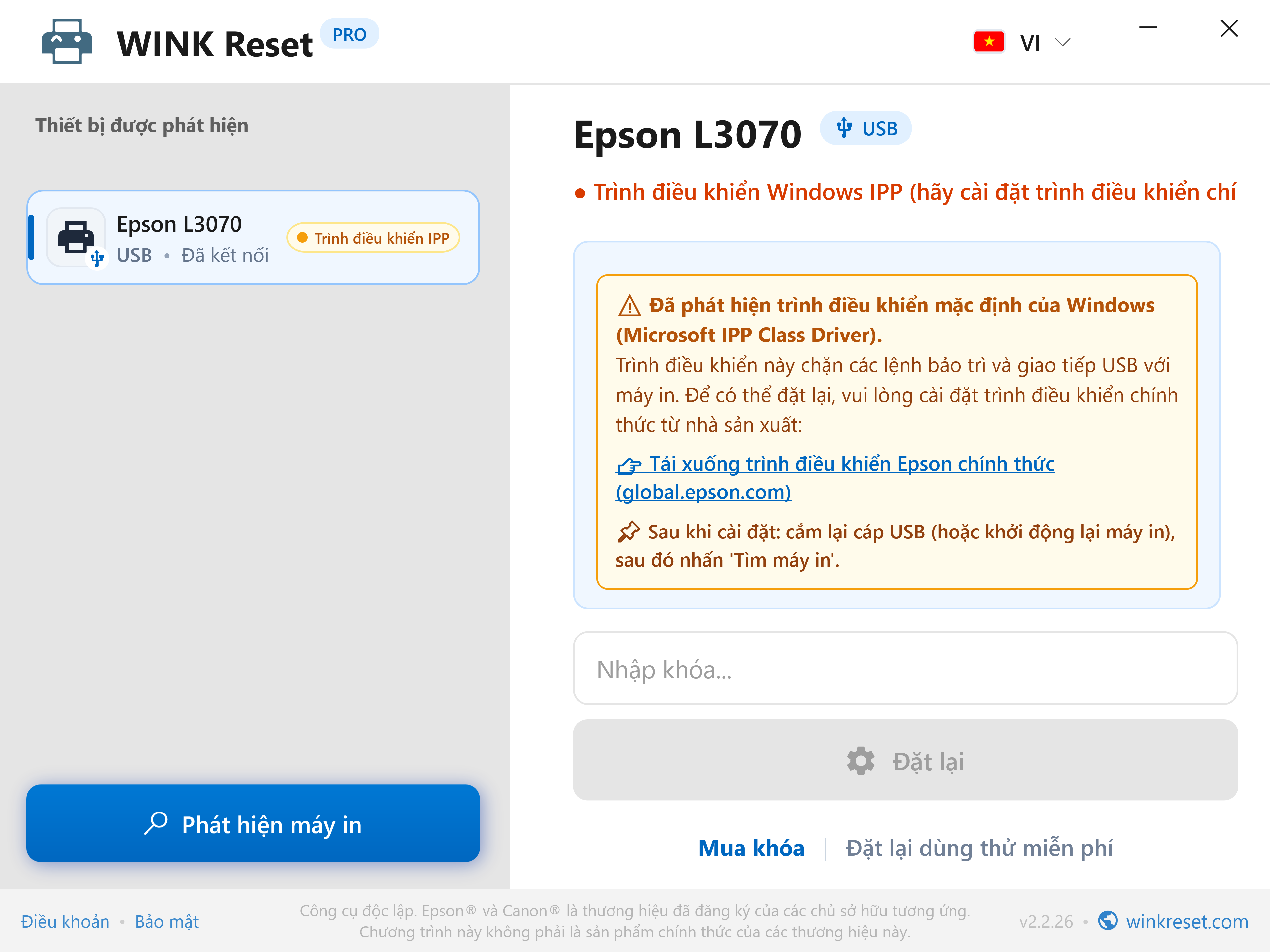 Cảnh báo giao tiếp: Chặn bởi Microsoft IPP Class Driver - WINK Reset PRO (VI)