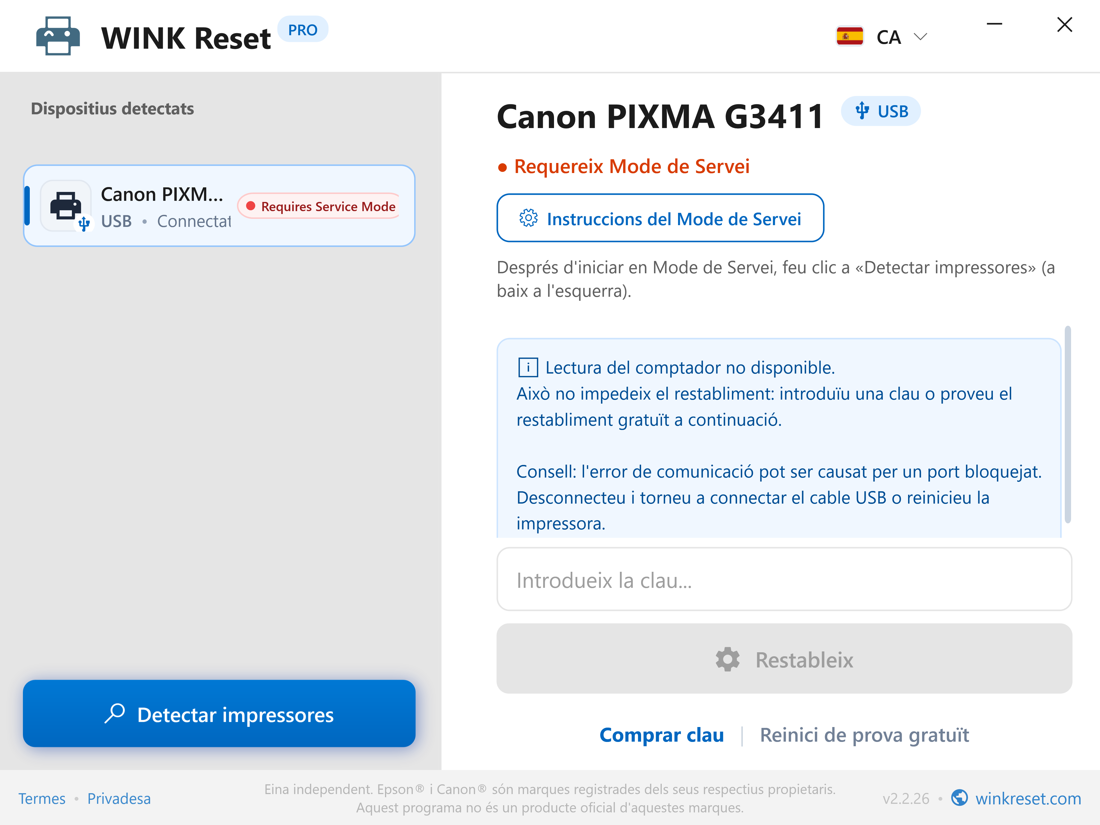 Guia interactiva per a Canon Service Mode - WINK Reset PRO (CA)