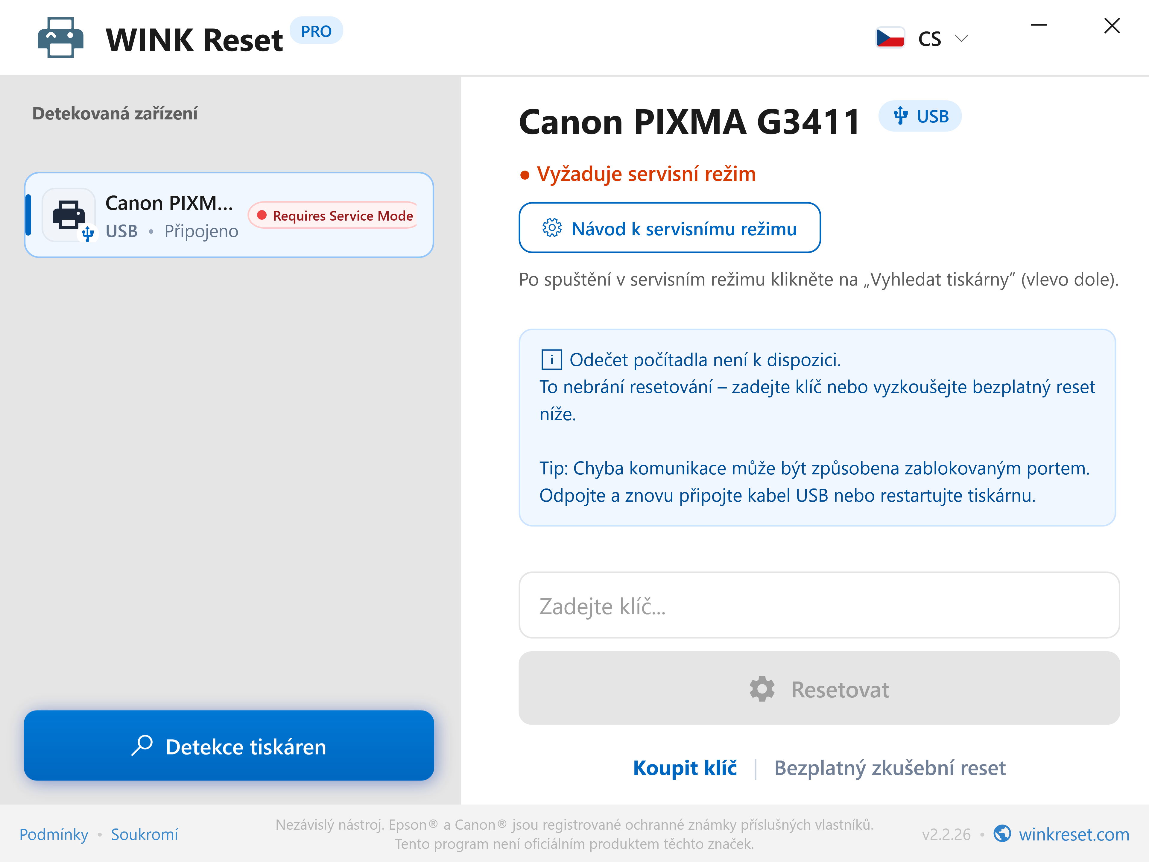 Interaktivní průvodce pro Canon Service Mode - WINK Reset PRO (CS)