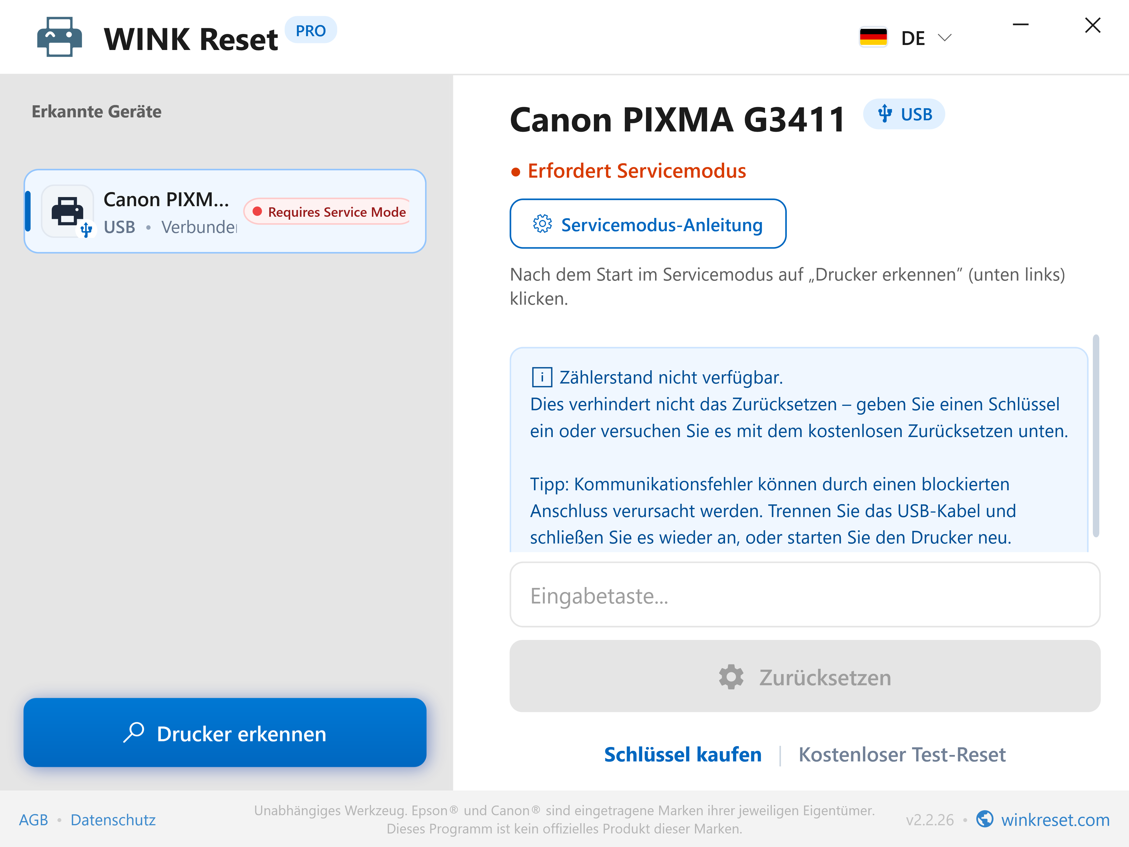 Interaktiver Canon Service Mode Leitfaden - WINK Reset PRO (DE)