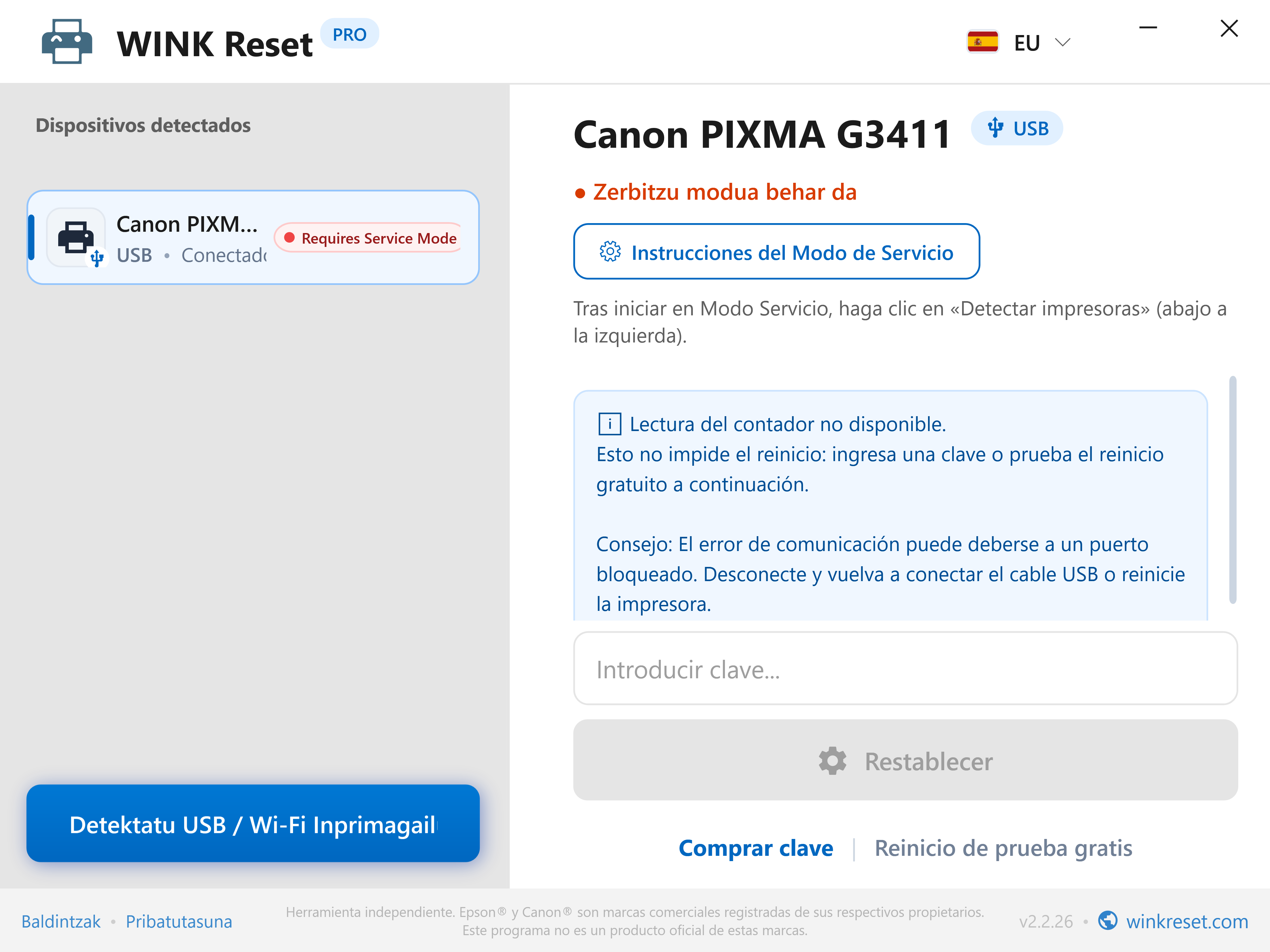 Canon Service Mode-rako gida interaktiboa - WINK Reset PRO (EU)