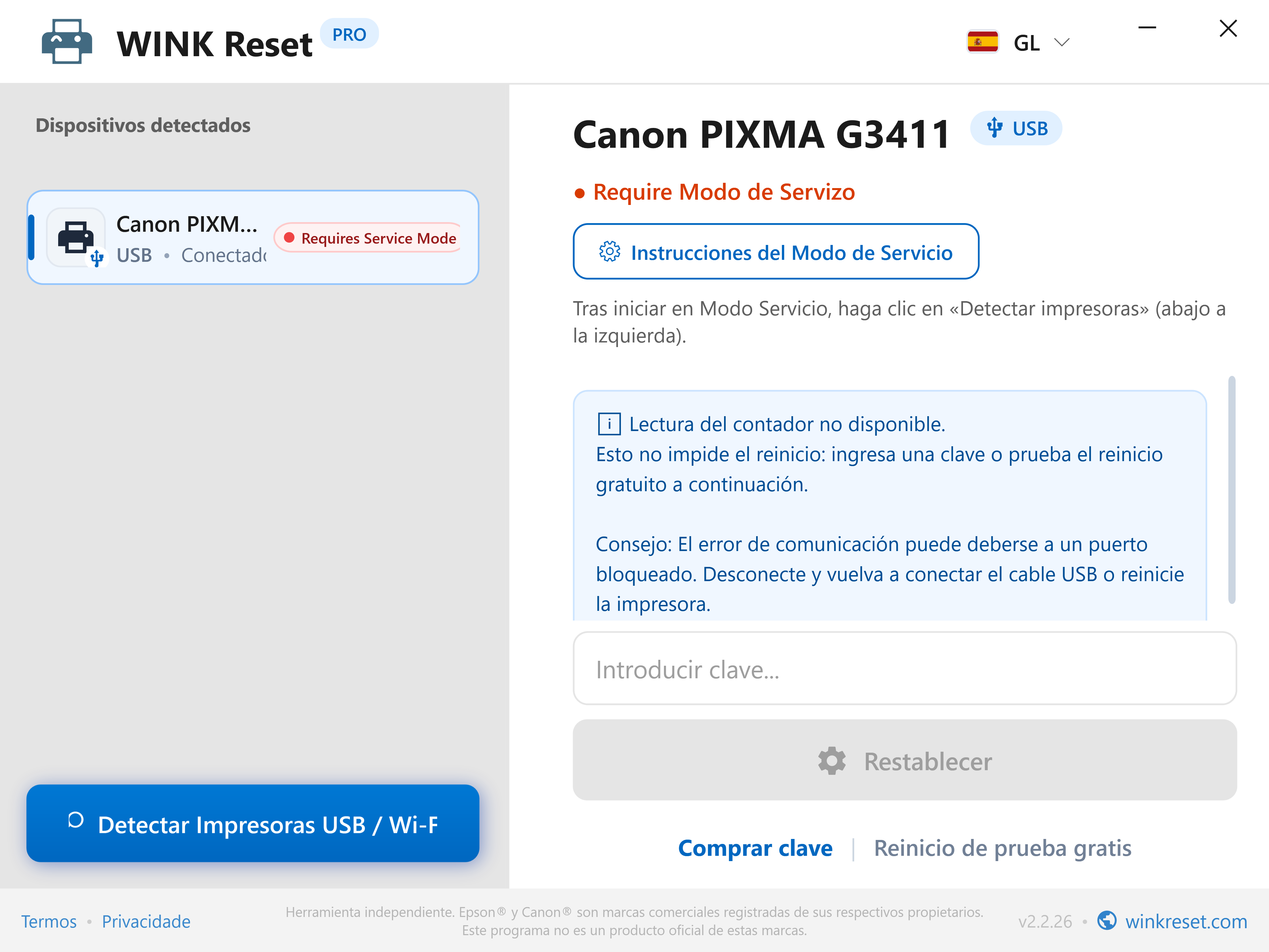 Guía interactiva para Canon Service Mode - WINK Reset PRO (GL)