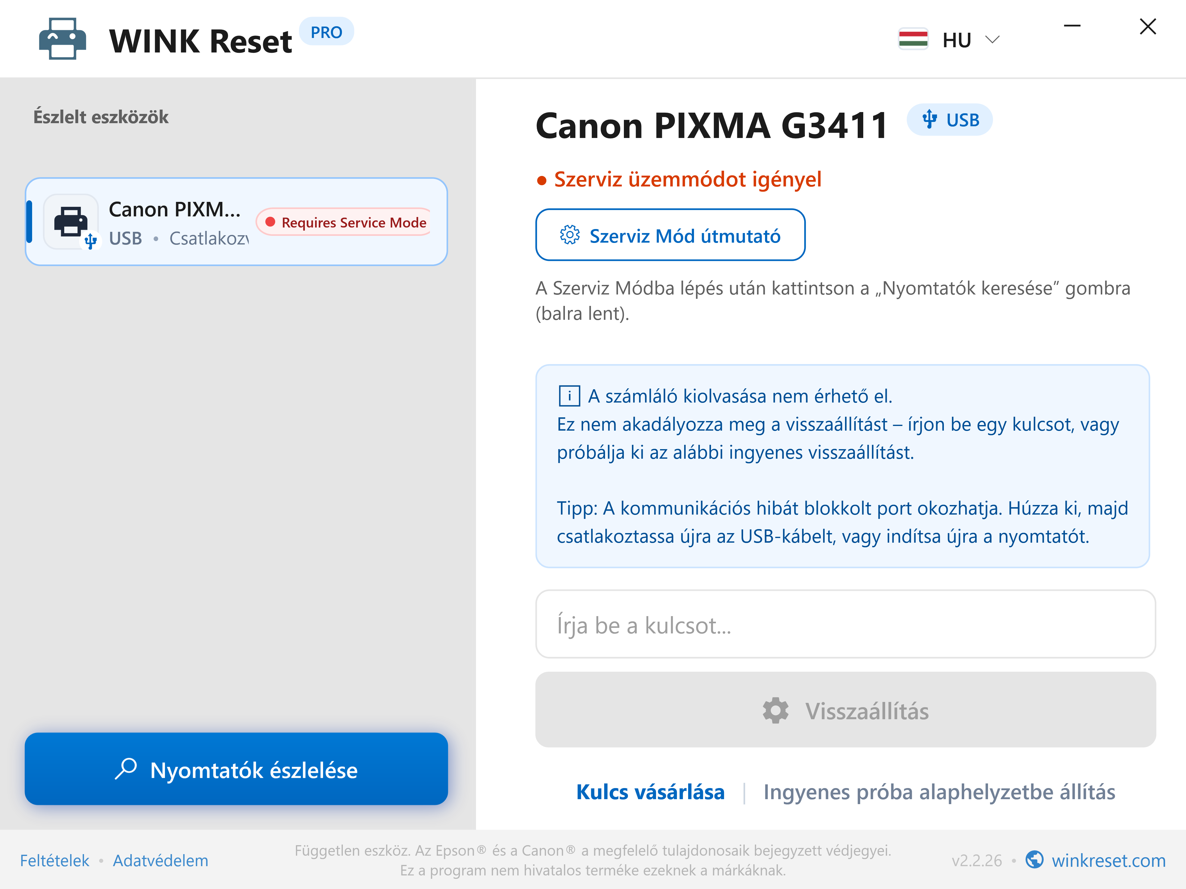 Interaktív Canon Service Mode útmutató - WINK Reset PRO (HU)