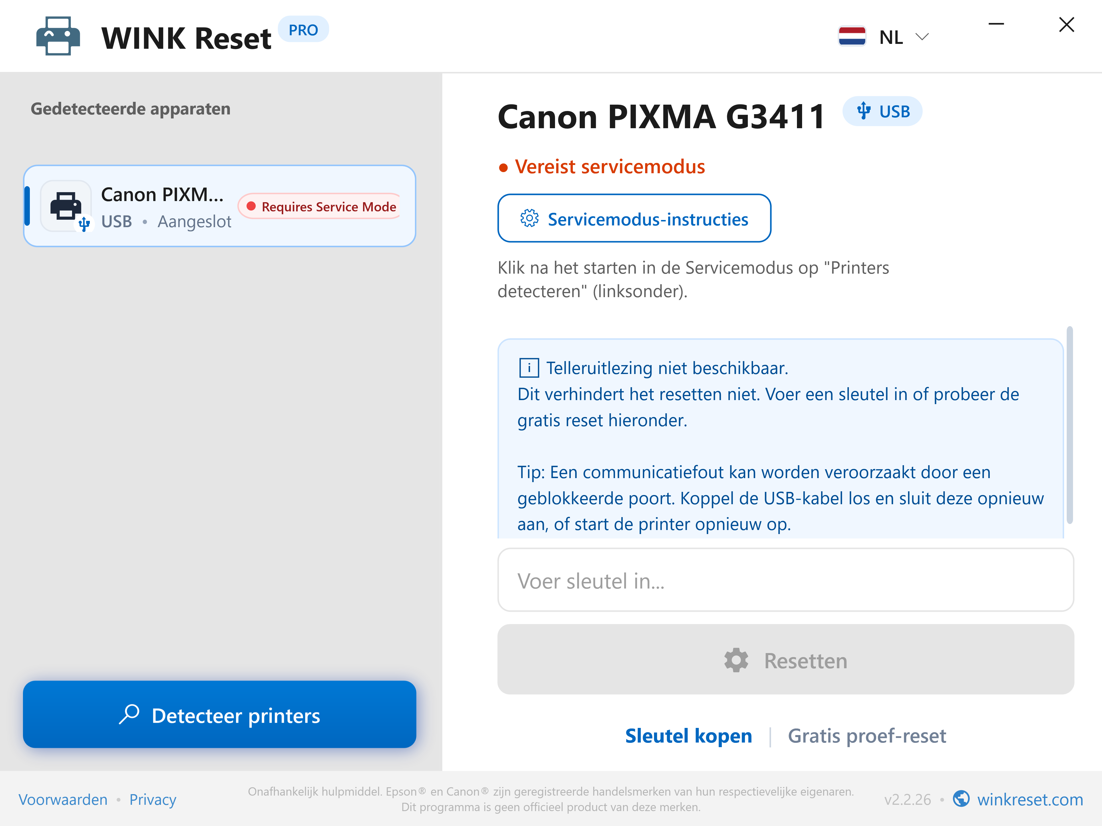 Interactieve gids voor Canon Service Mode - WINK Reset PRO (NL)