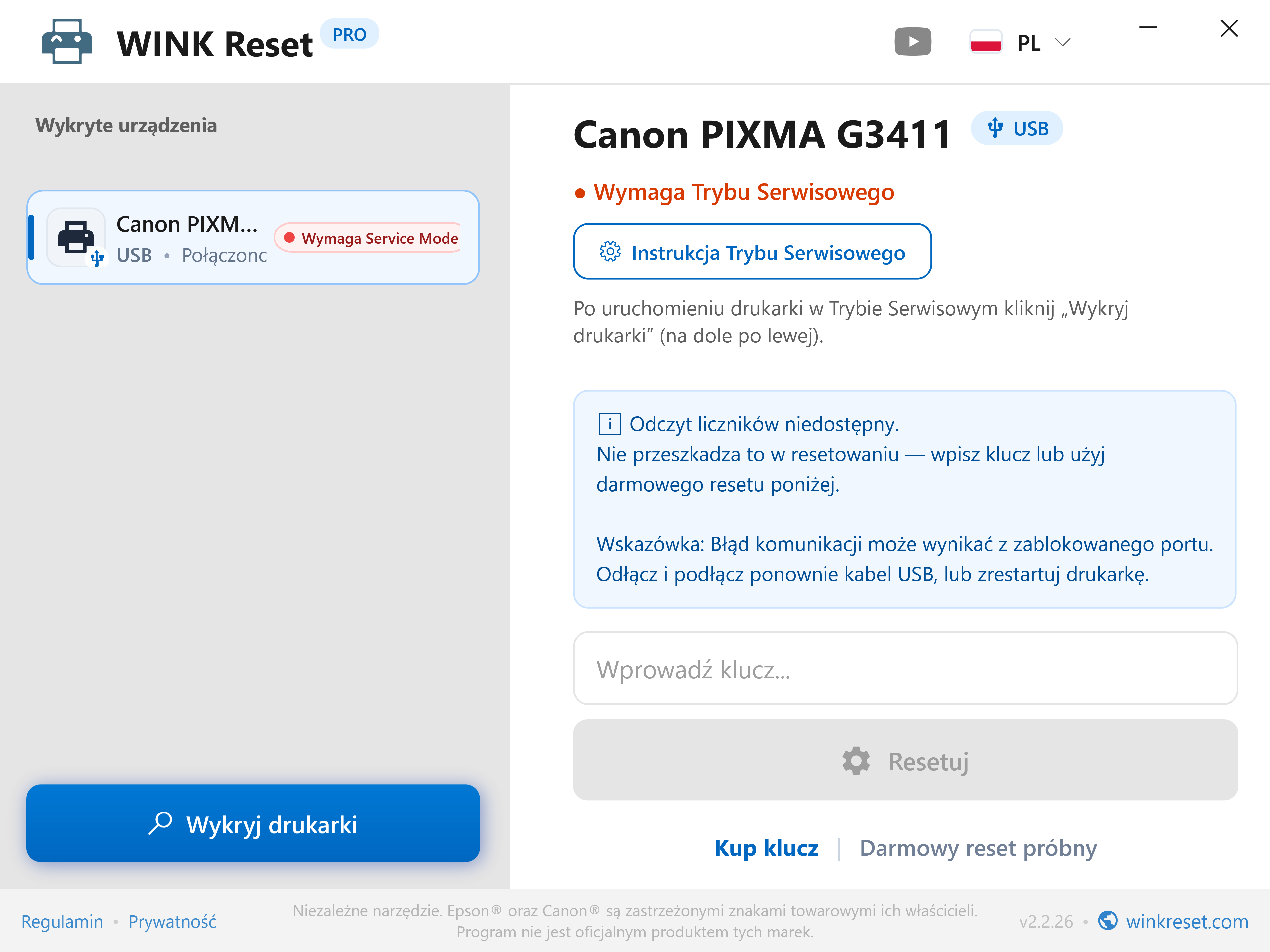Interaktywny przewodnik Canon Service Mode - WINK Reset PRO (PL)