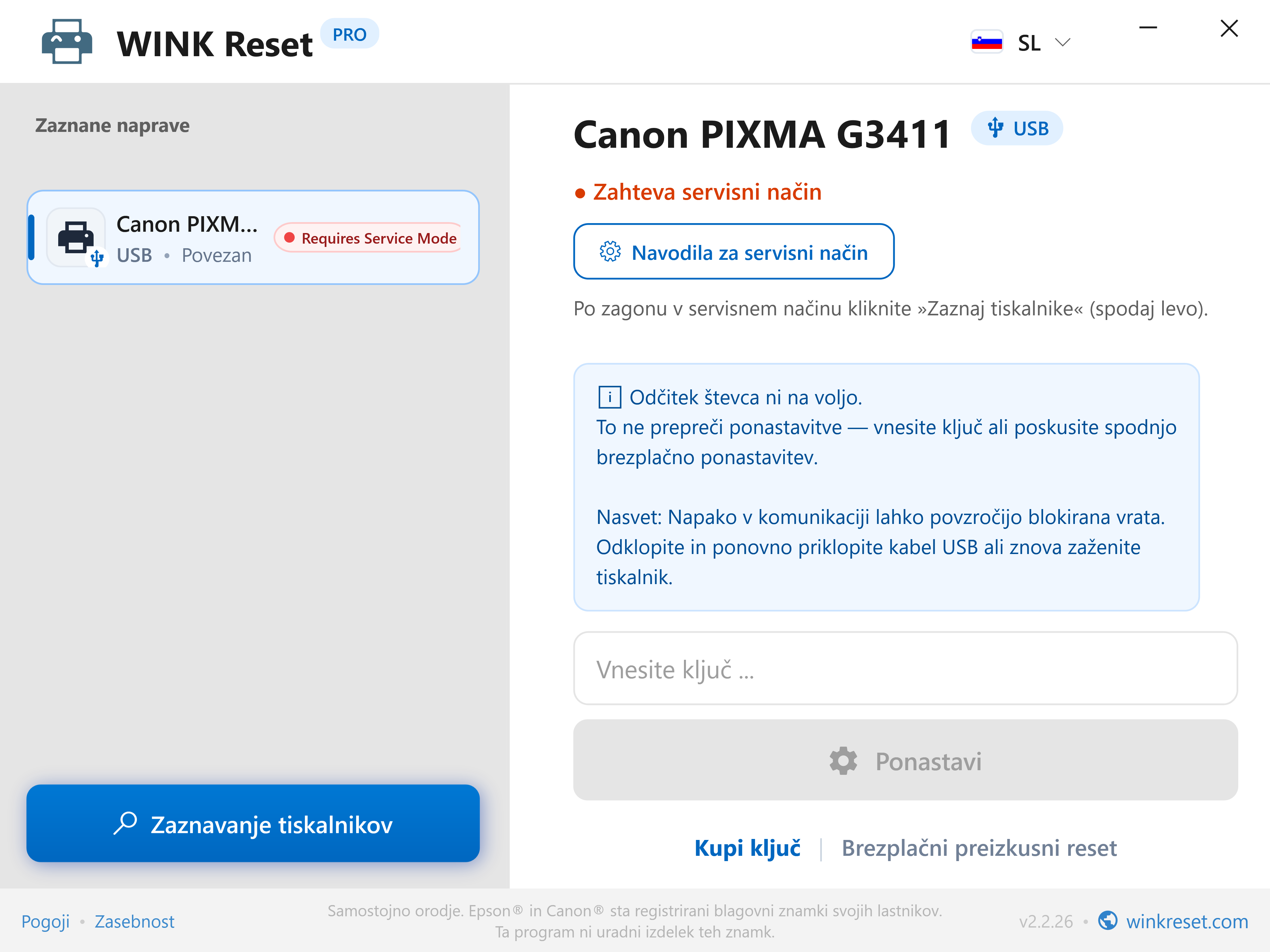Interaktivni vodnik za Canon Service Mode - WINK Reset PRO (SL)