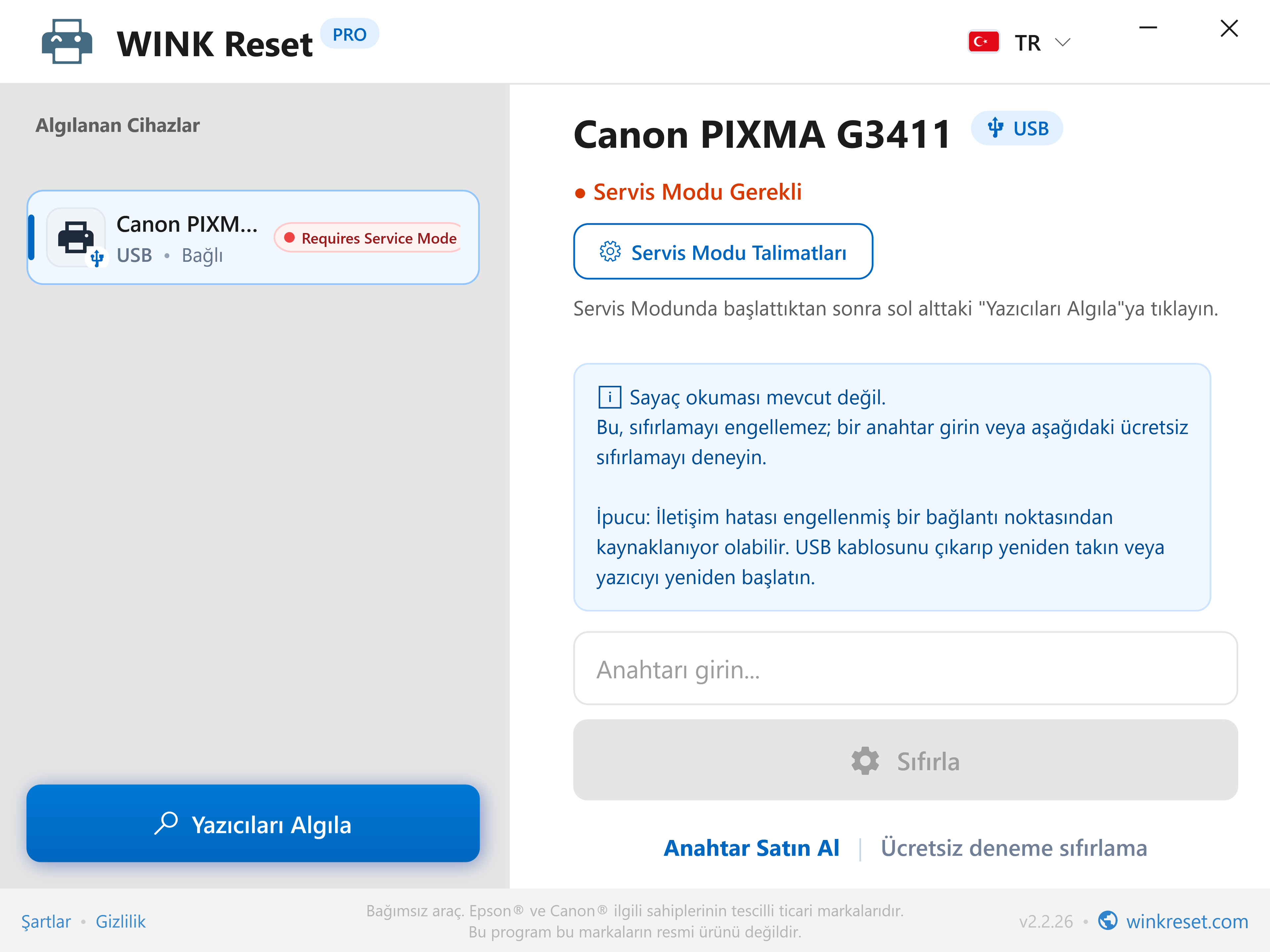 Etkileşimli Canon Service Mode kılavuzu - WINK Reset PRO (TR)