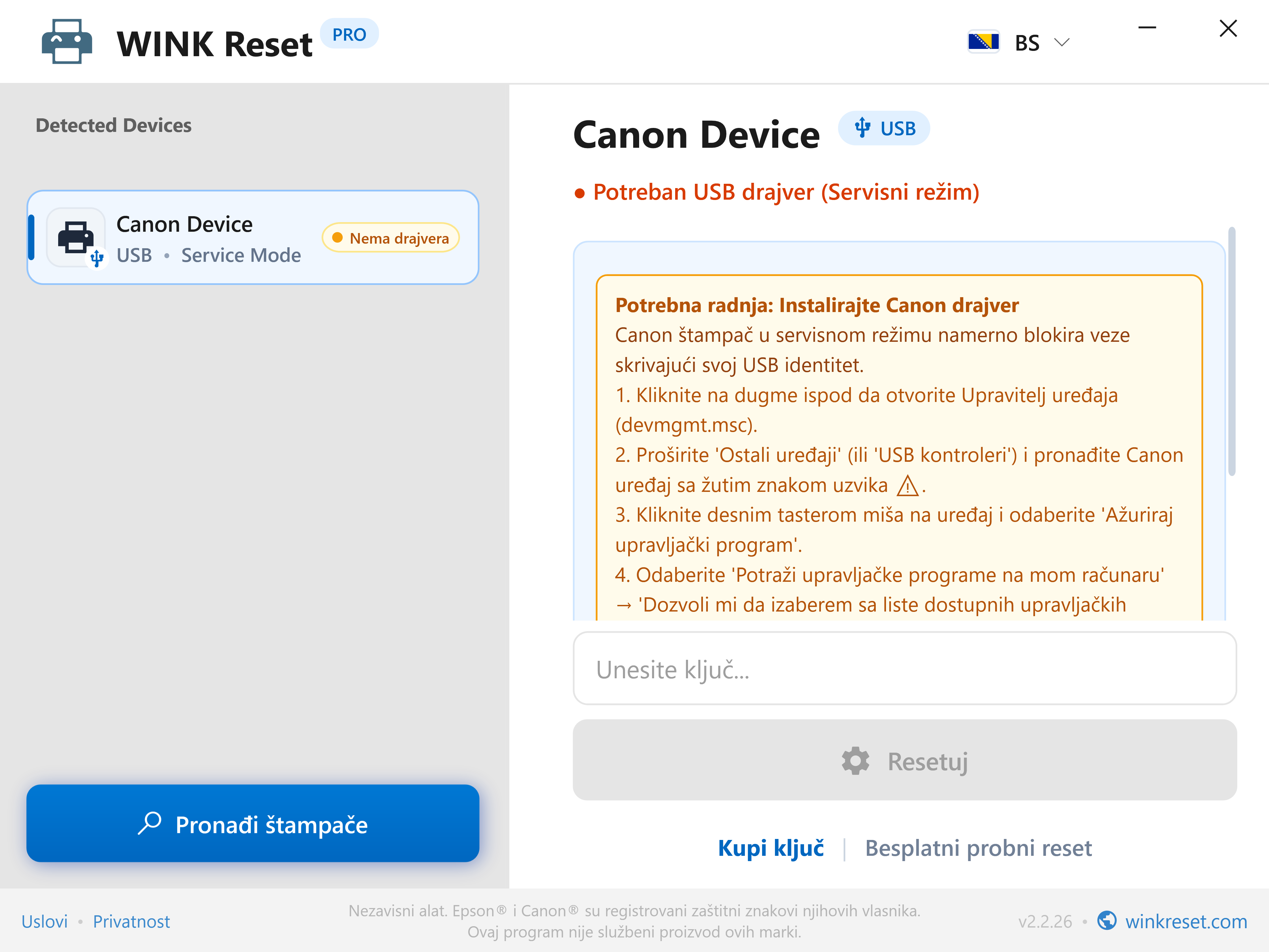 Provjera USB magistrale u Canon Service Mode radu - WINK Reset PRO (BS)