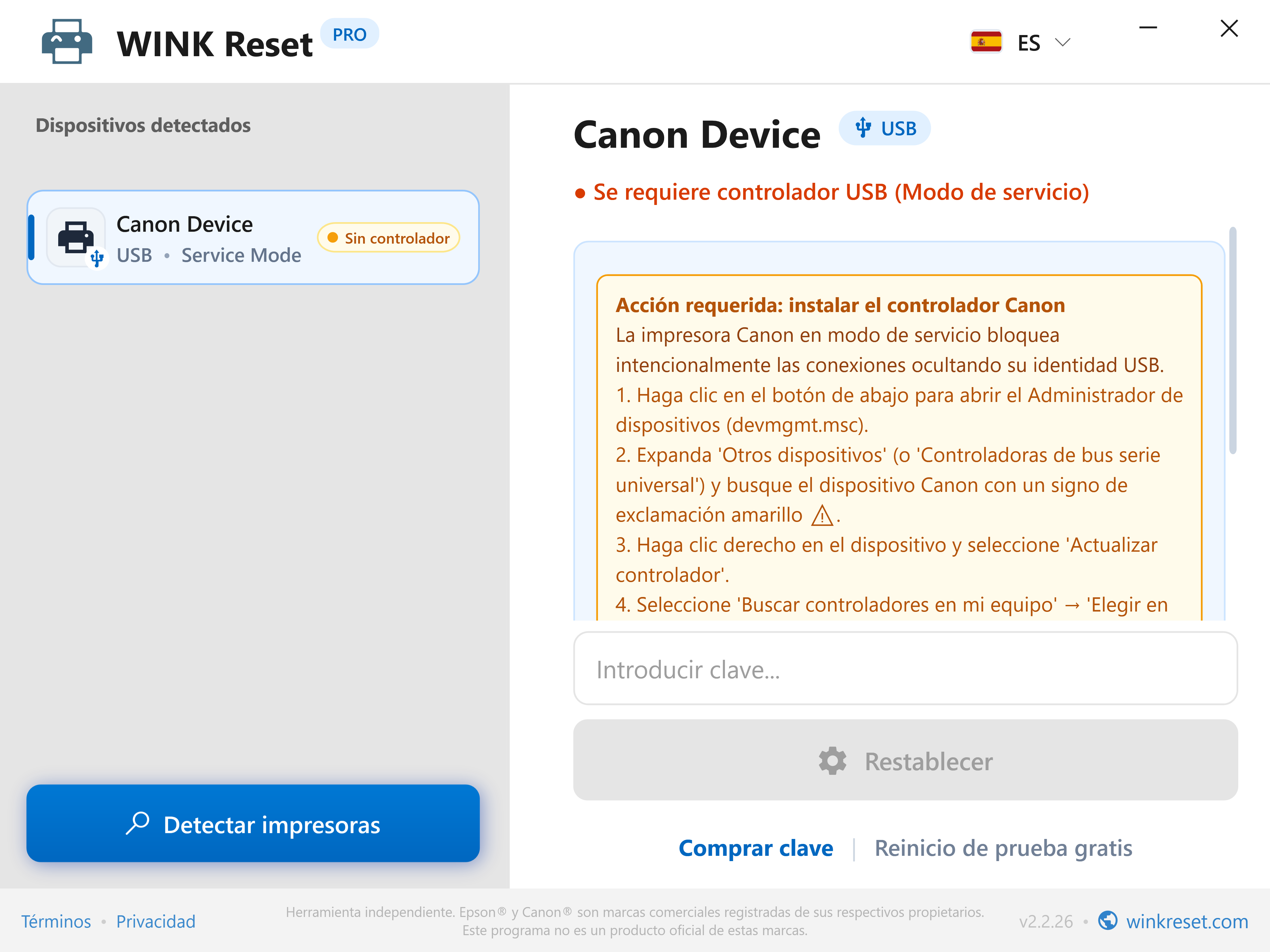Verificación del bus USB en Canon Service Mode - WINK Reset PRO (ES)