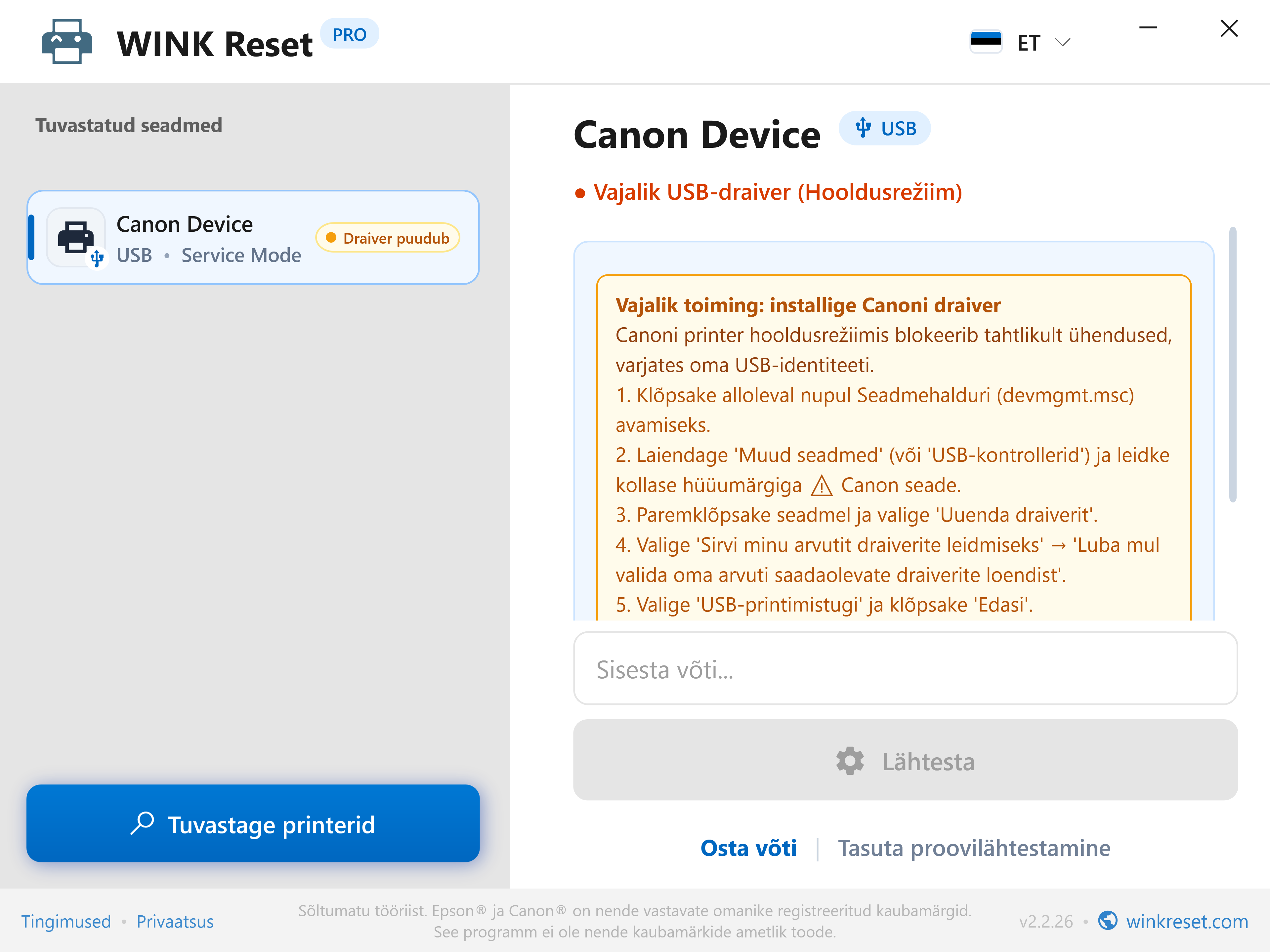 USB-siini kontrollimine Canon Service Mode olekus - WINK Reset PRO (ET)