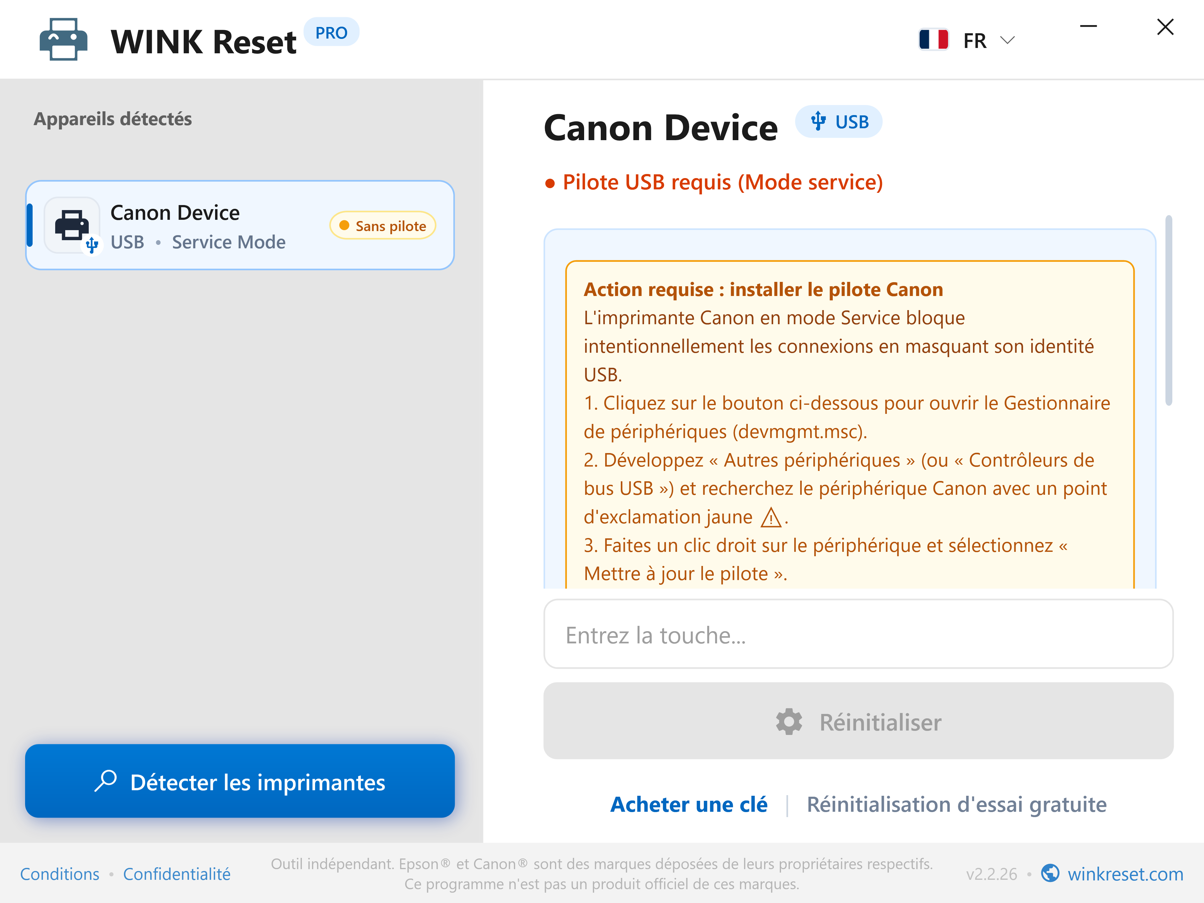 Vérification de l'interface USB en Canon Service Mode - WINK Reset PRO (FR)
