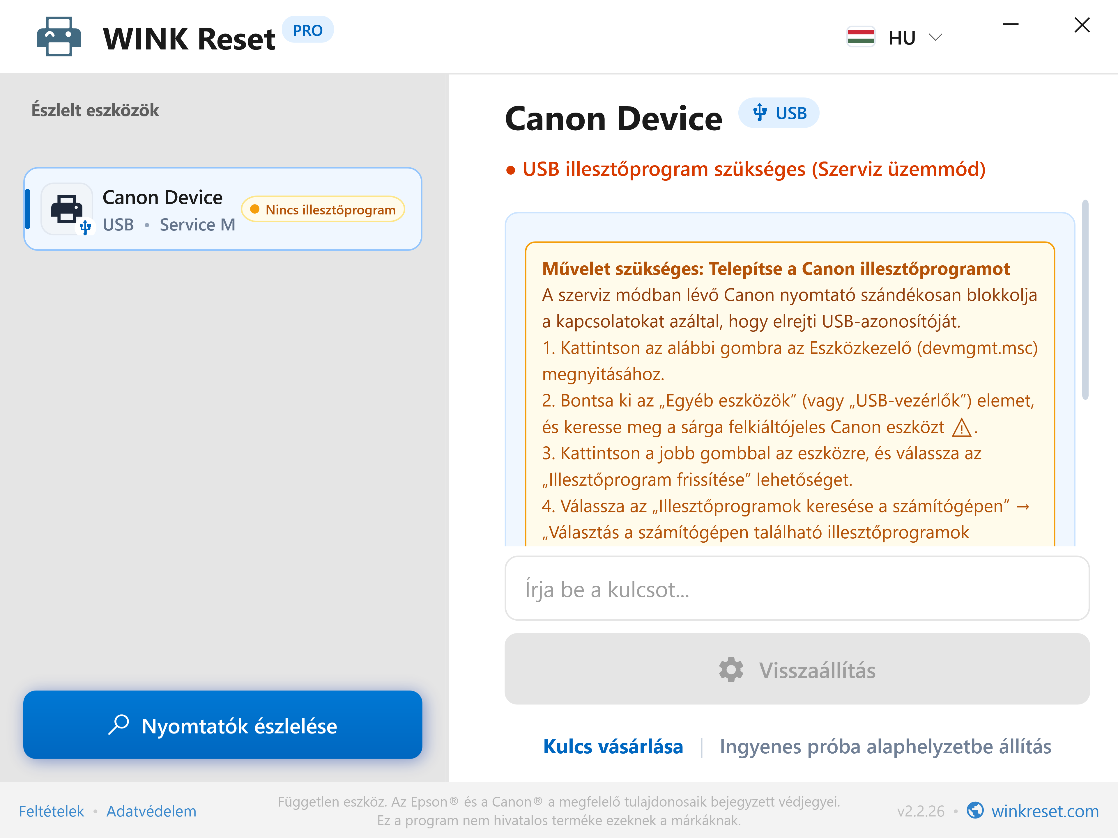 USB busz ellenőrzése Canon Service Mode állapotban - WINK Reset PRO (HU)
