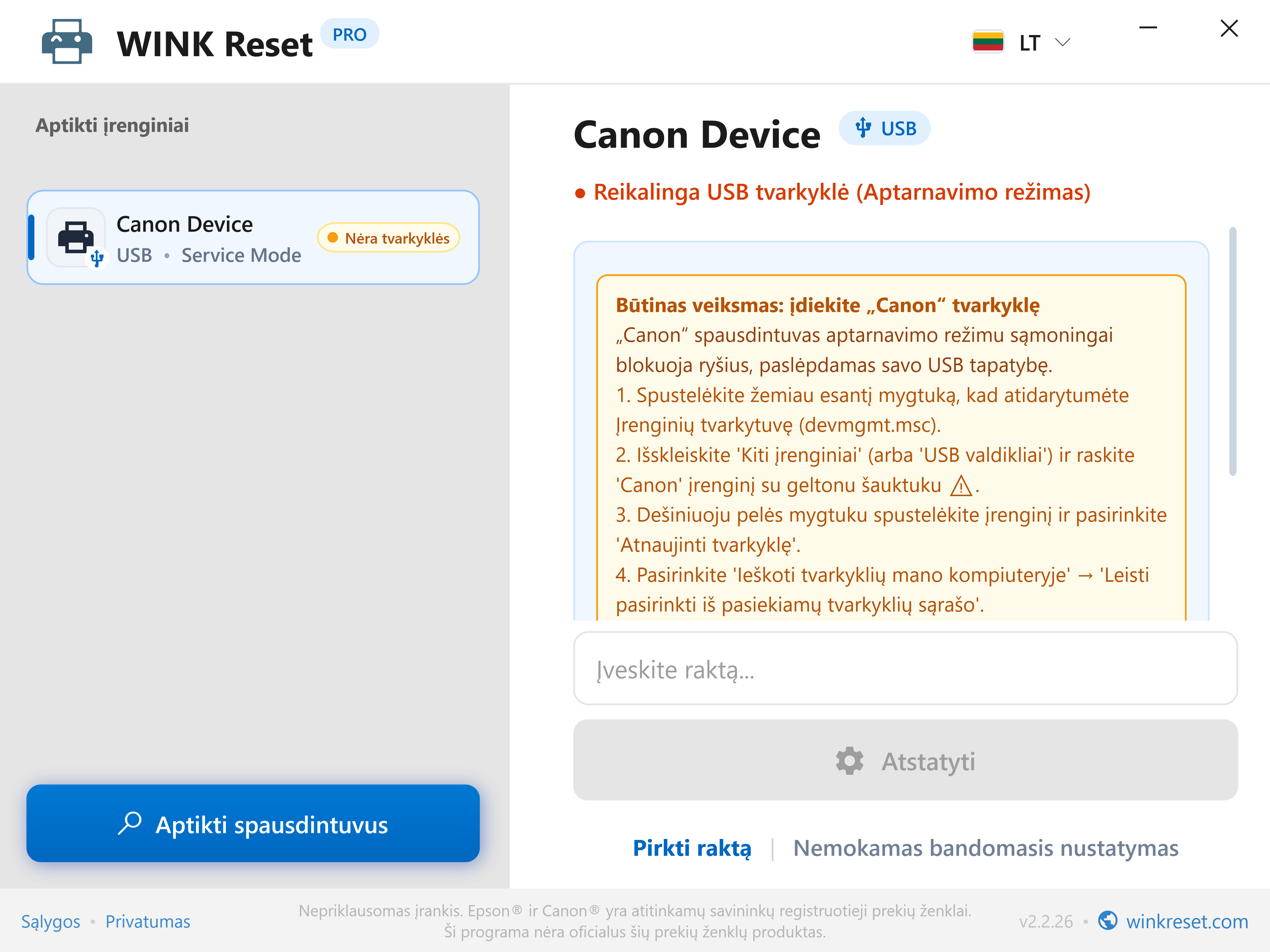 USB magistralės patikra veikiant „Canon Service Mode“ - WINK Reset PRO (LT)