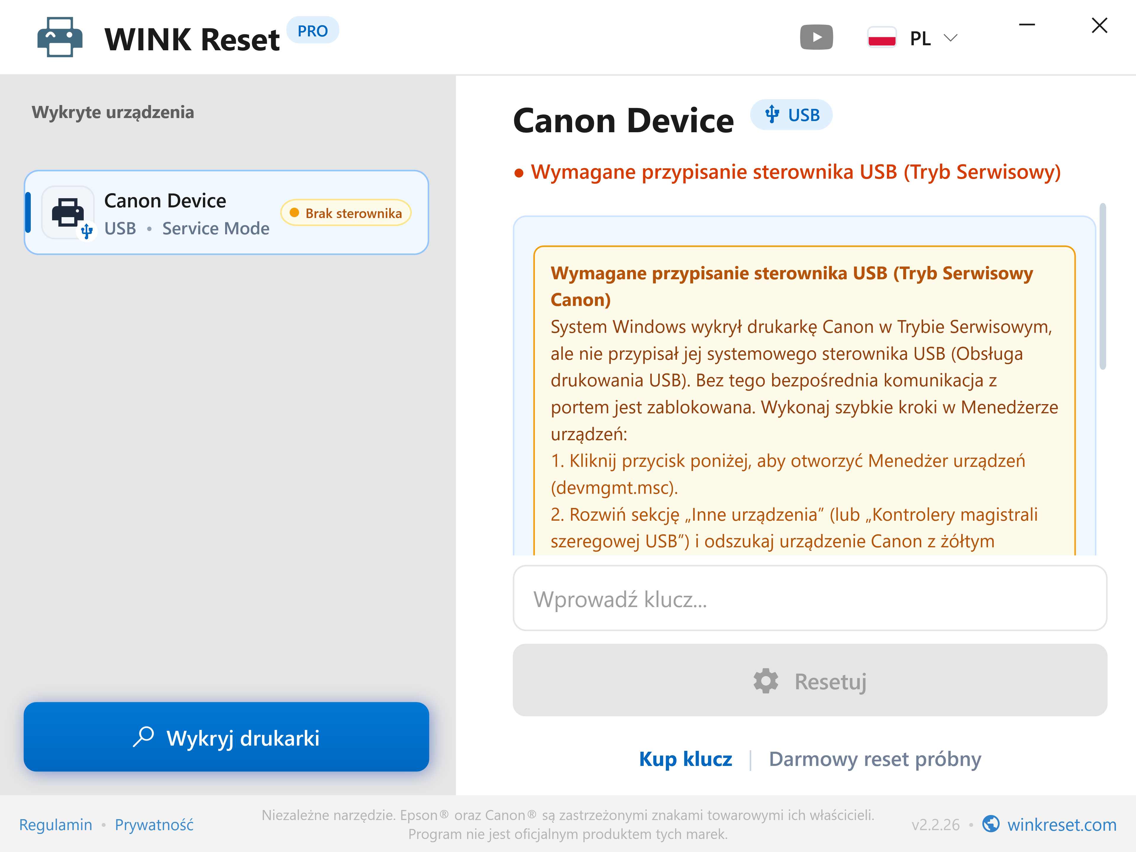 Weryfikacja magistrali USB w trybie serwisowym Canon - WINK Reset PRO (PL)