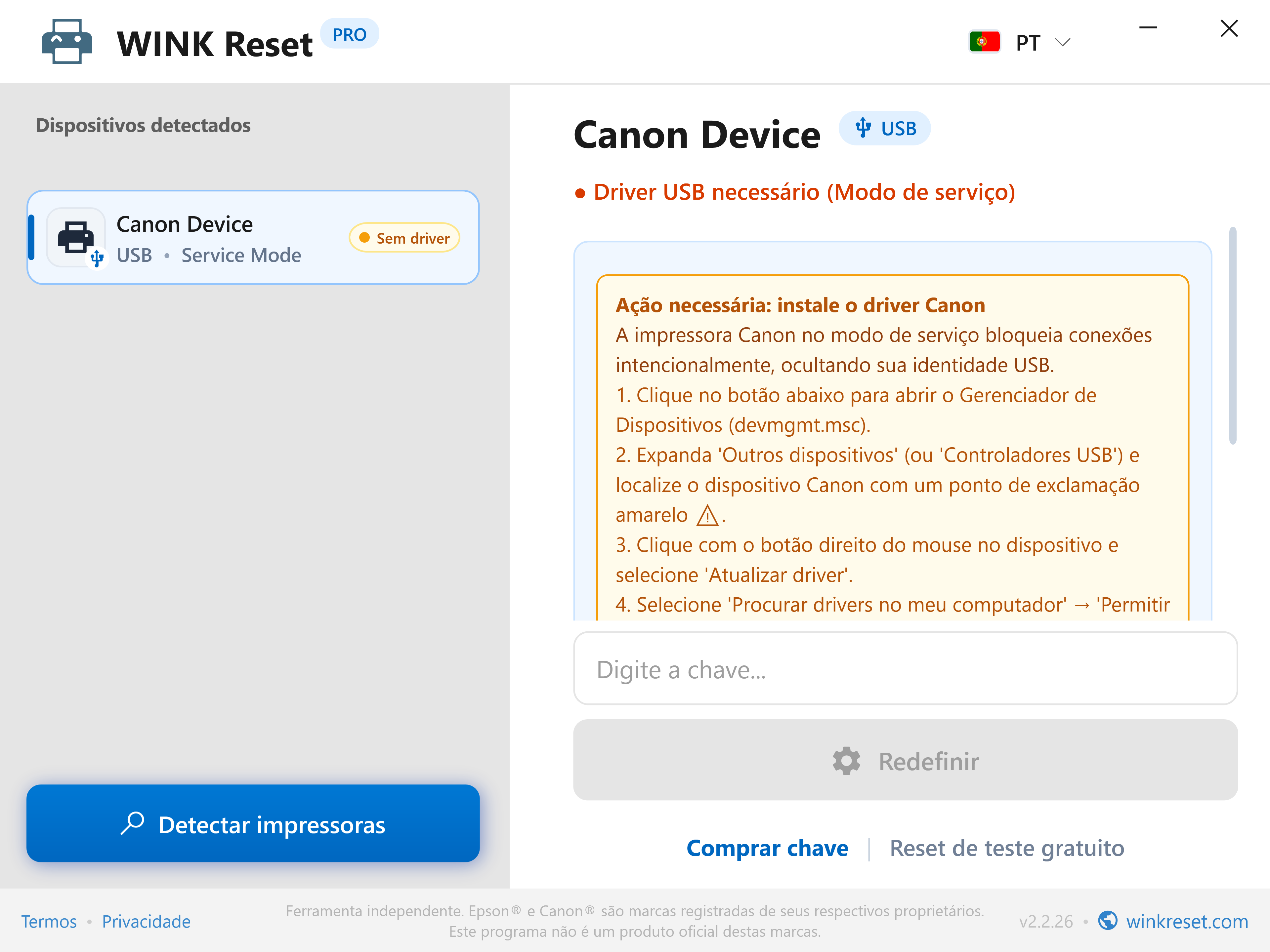 Verificação do barramento USB em Canon Service Mode - WINK Reset PRO (PT)
