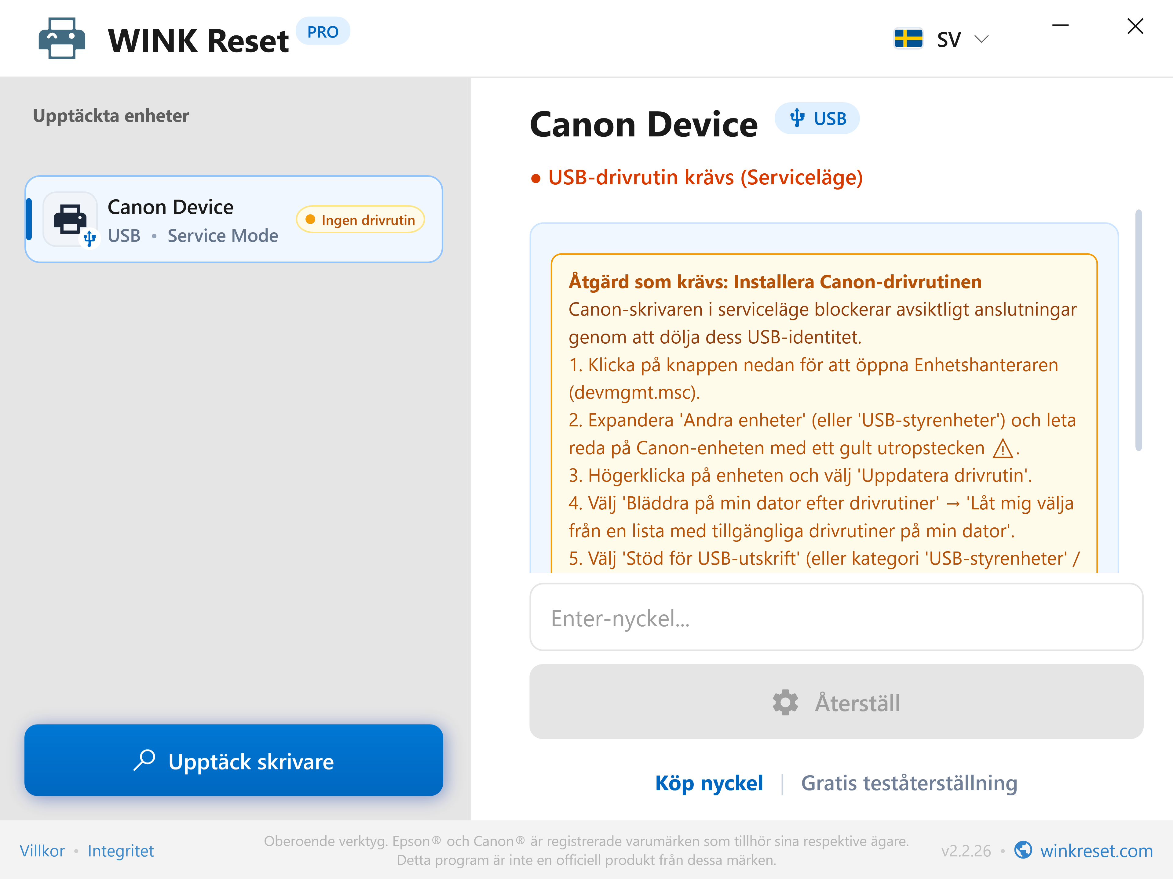 Verifiering av USB-bussen i Canon Service Mode - WINK Reset PRO (SV)