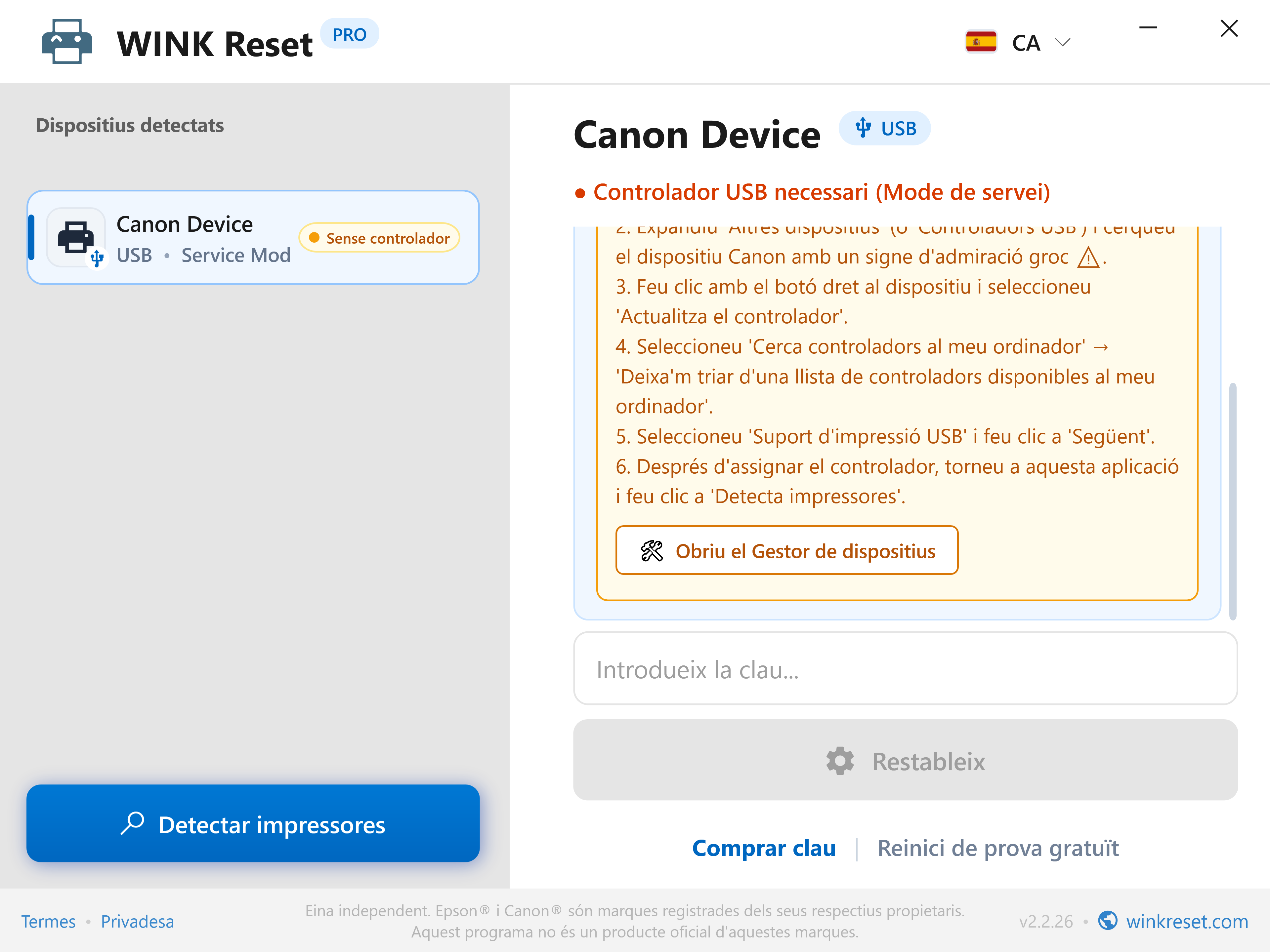 Assistent de configuració del port USB per a Canon Service Mode - WINK Reset PRO (CA)