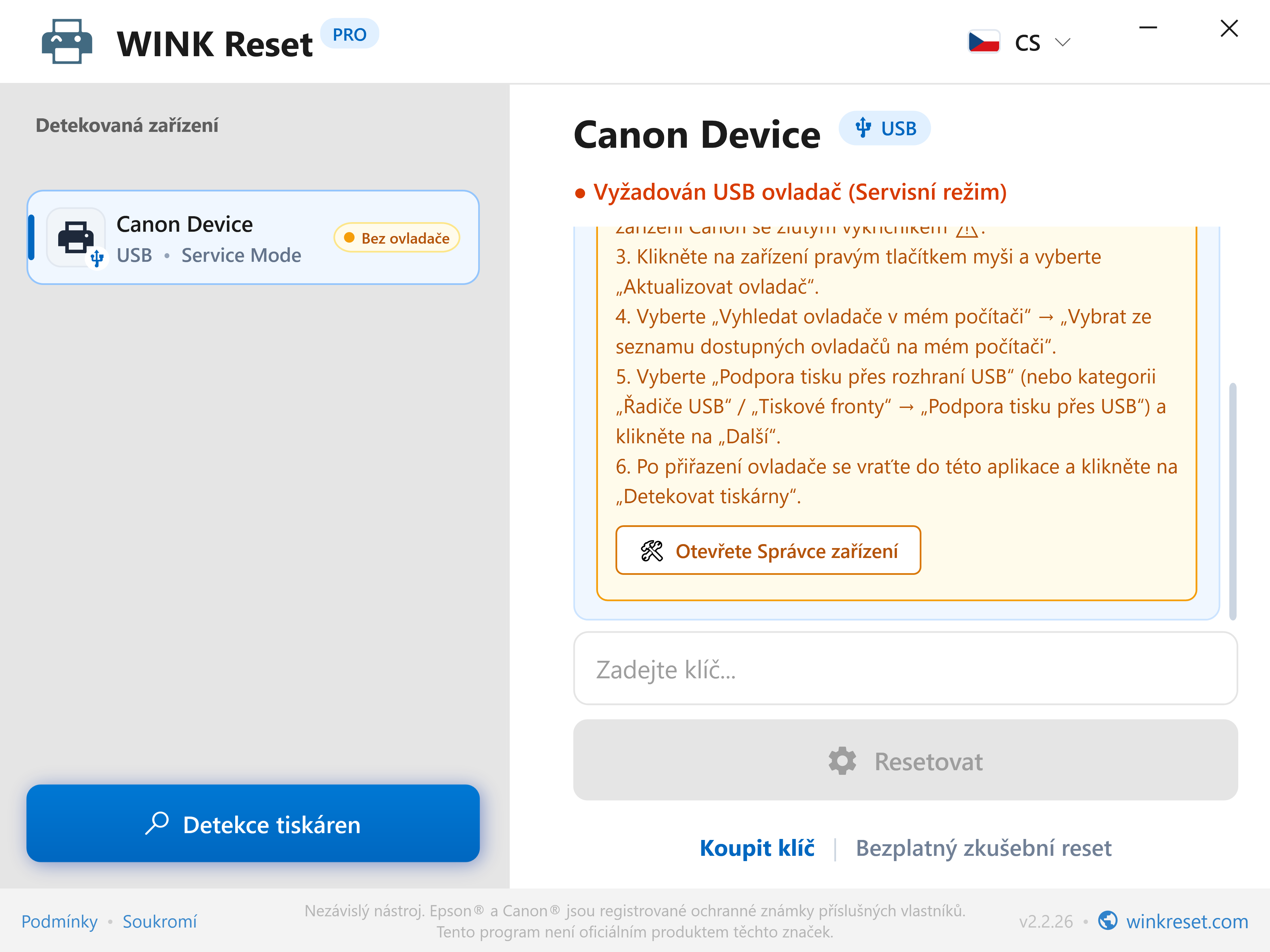 Průvodce konfigurací USB ovladače pro Canon Service Mode - WINK Reset PRO (CS)