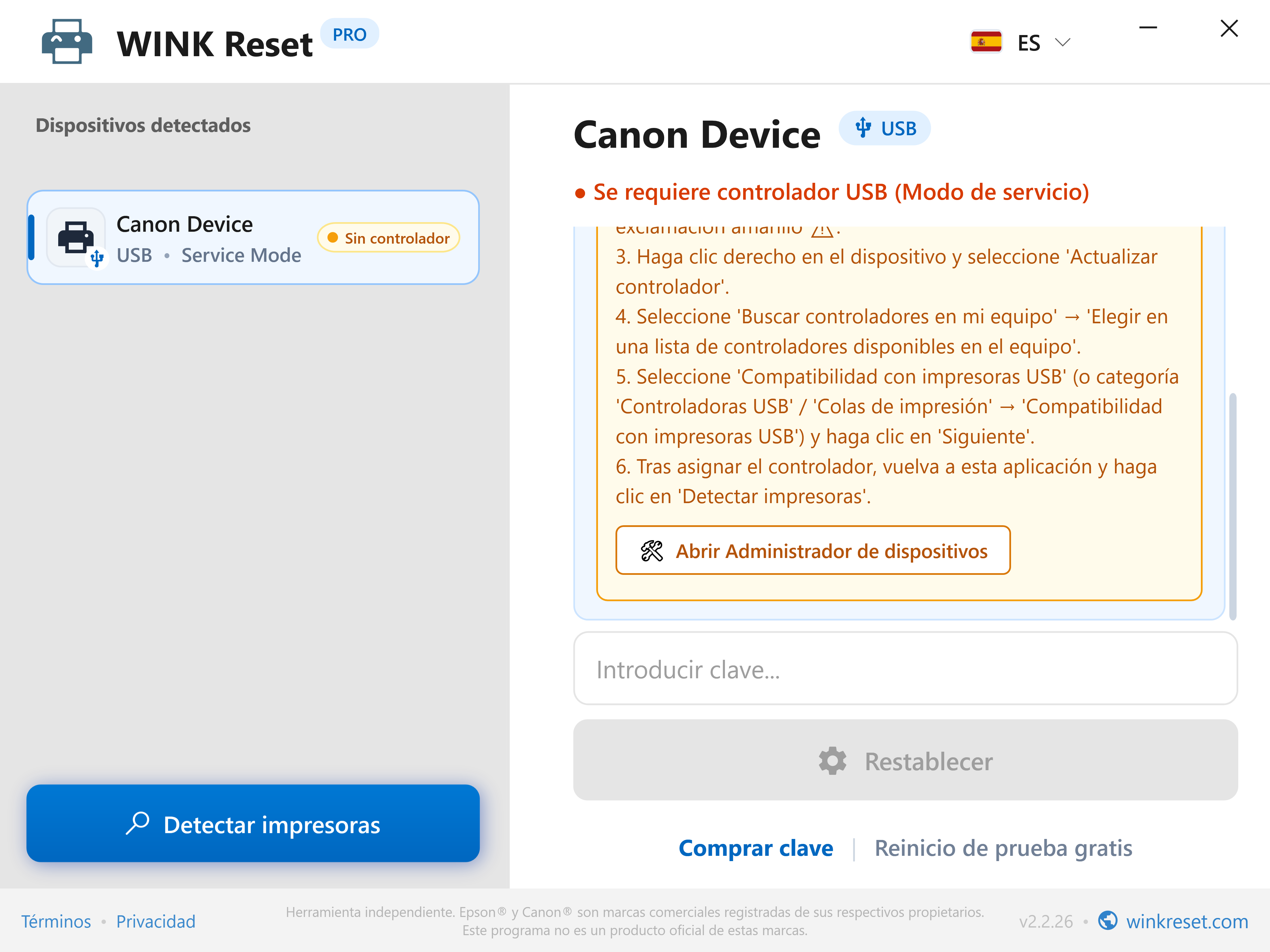Guía de asignación de controlador USB para Canon Service Mode - WINK Reset PRO (ES)