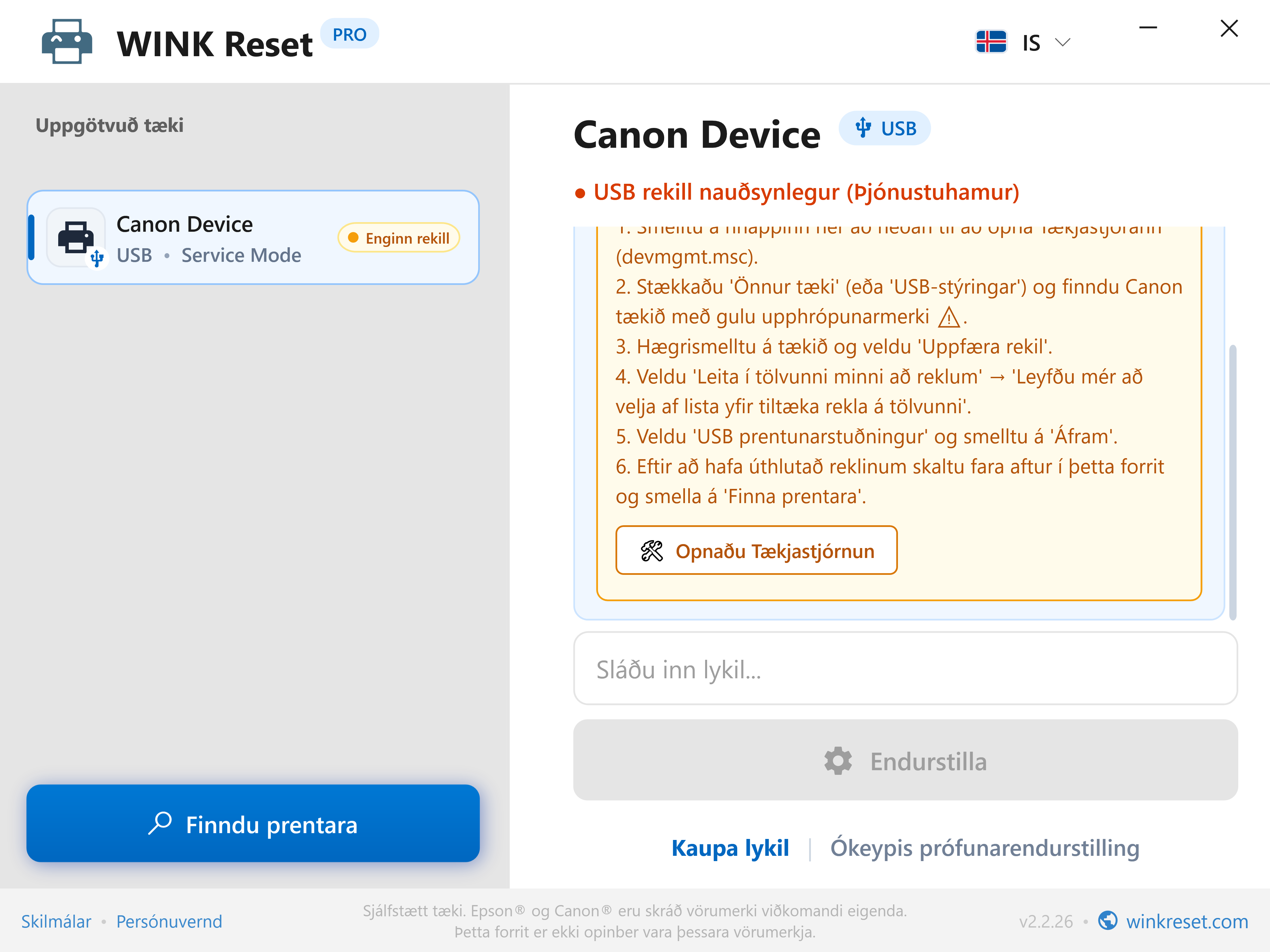 USB-tengi stillingaraðstoð fyrir Canon Service Mode - WINK Reset PRO (IS)