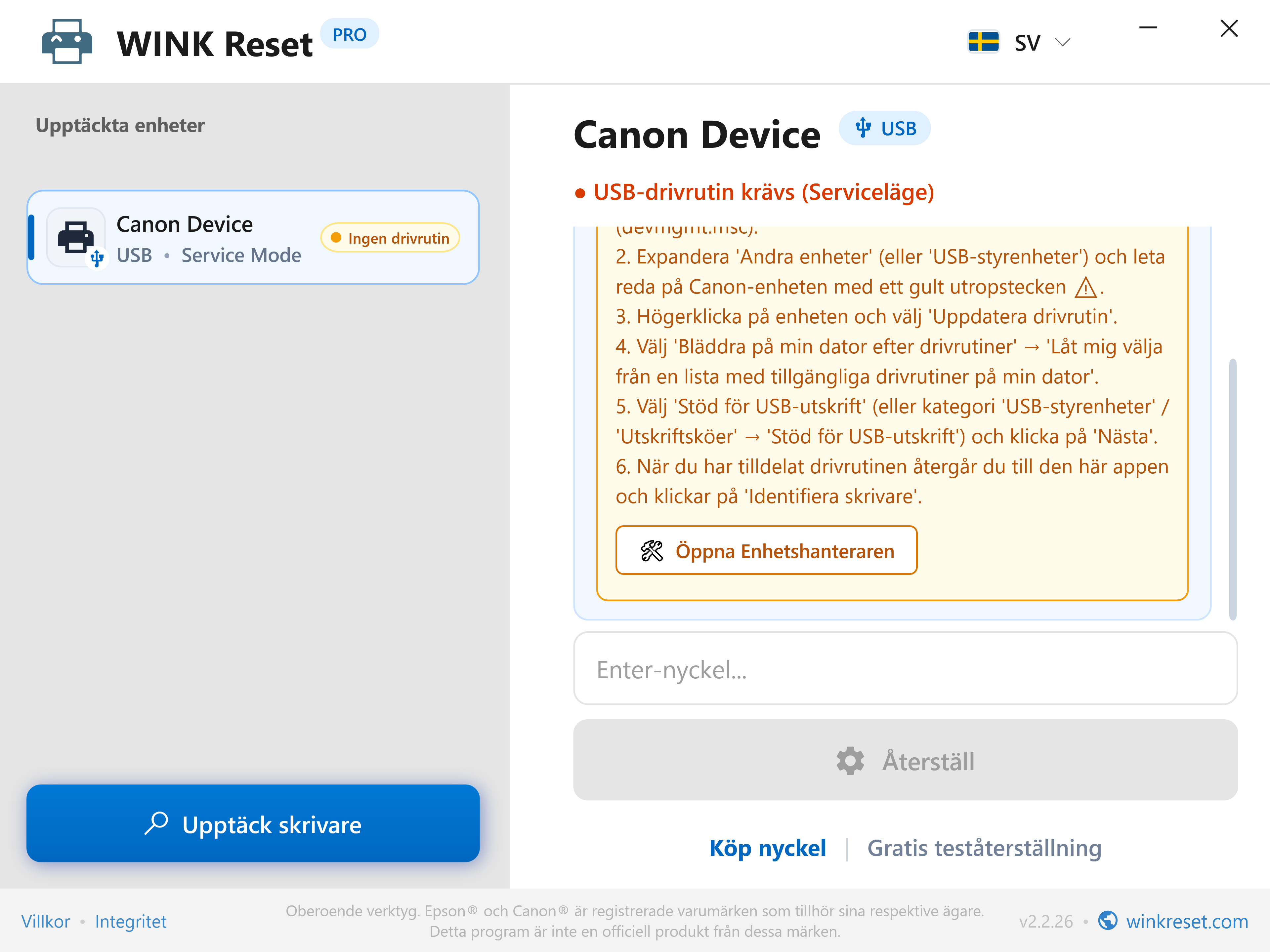 USB-port konfigurationsassistent för Canon Service Mode - WINK Reset PRO (SV)