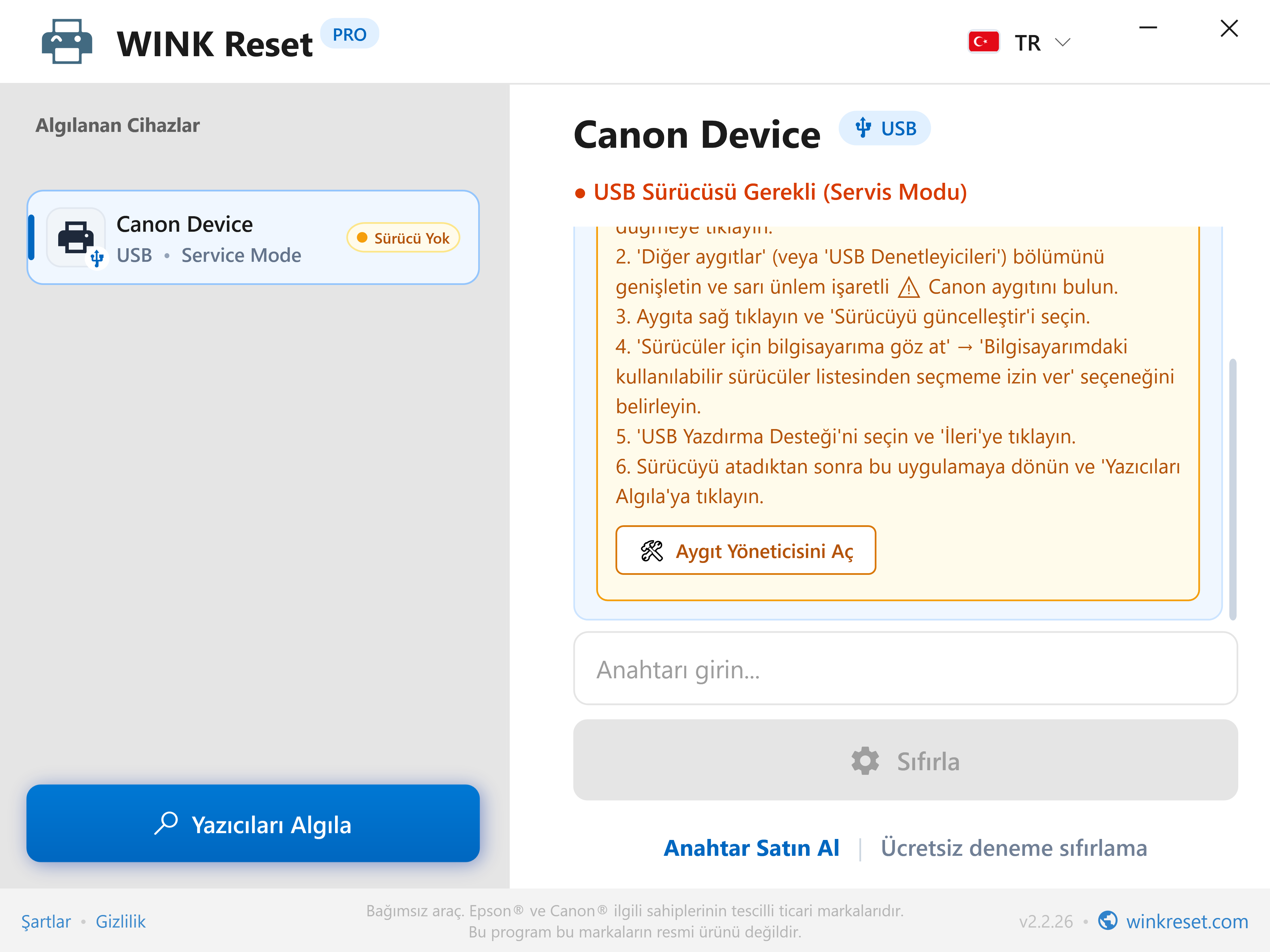 Canon Service Mode için USB bağlantı noktası yapılandırma rehberi - WINK Reset PRO (TR)