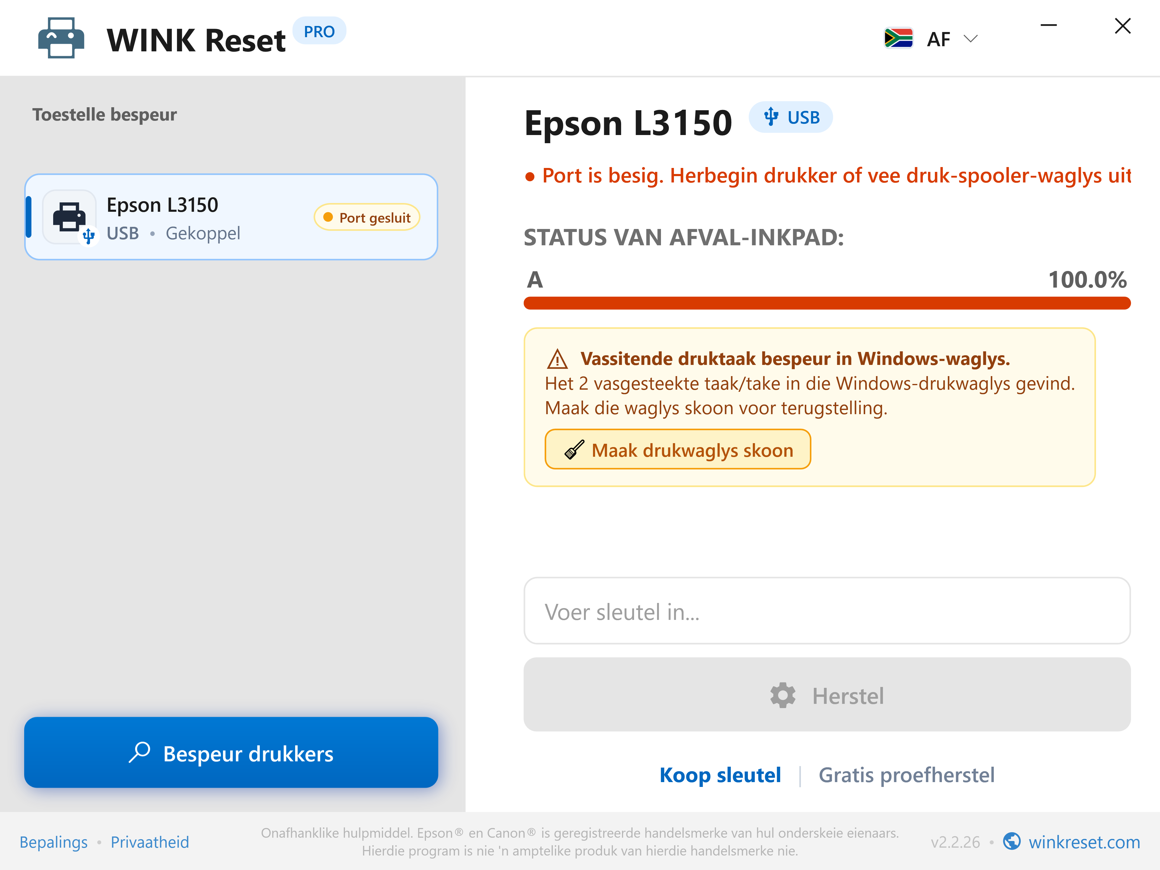 Outomatiese opsporing van vasgesteekte drukry (Print Spooler) - WINK Reset PRO (AF)