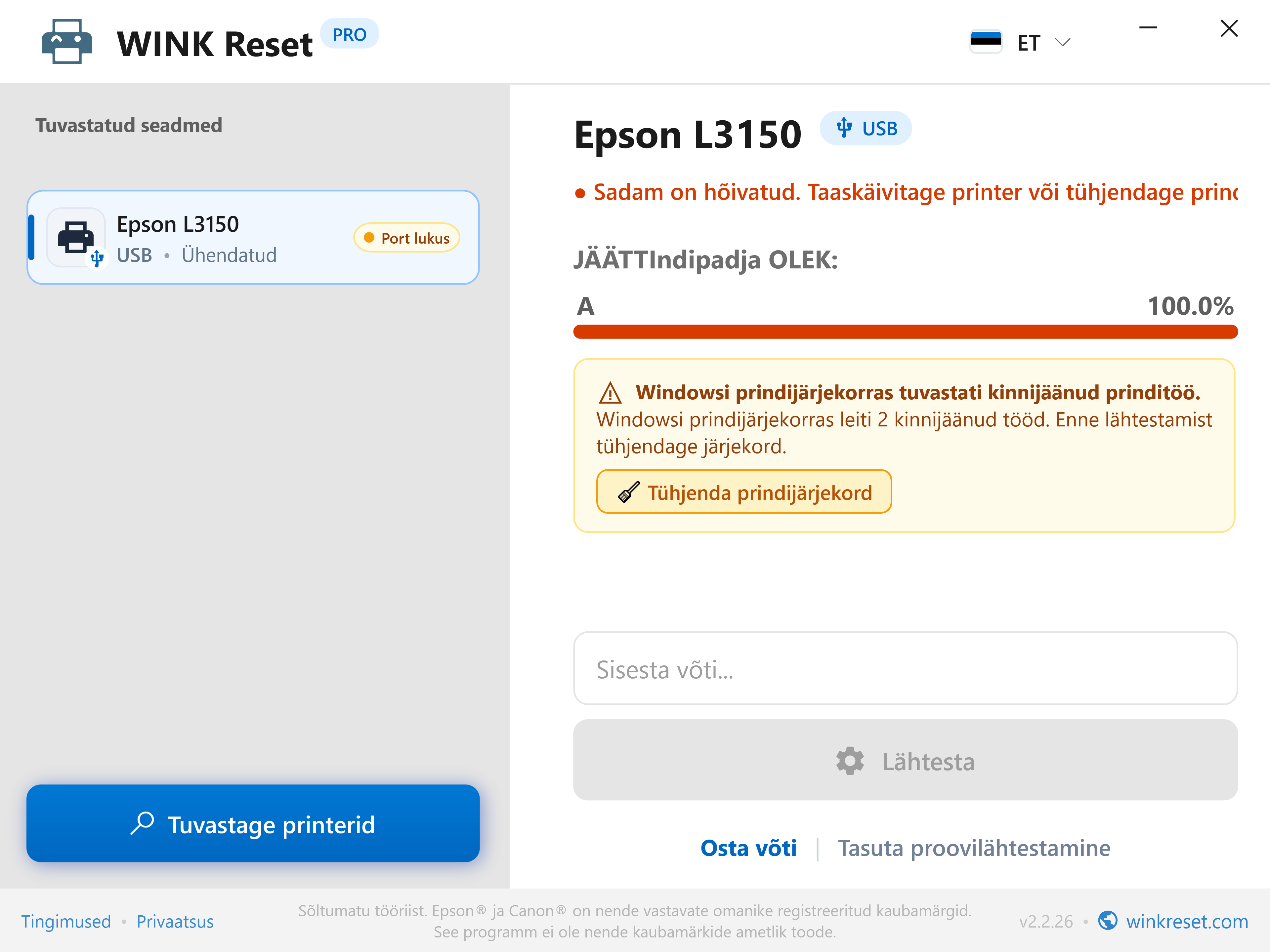 Blokeeritud prindijärjekorra (Print Spooler) automaatne tuvastamine - WINK Reset PRO (ET)