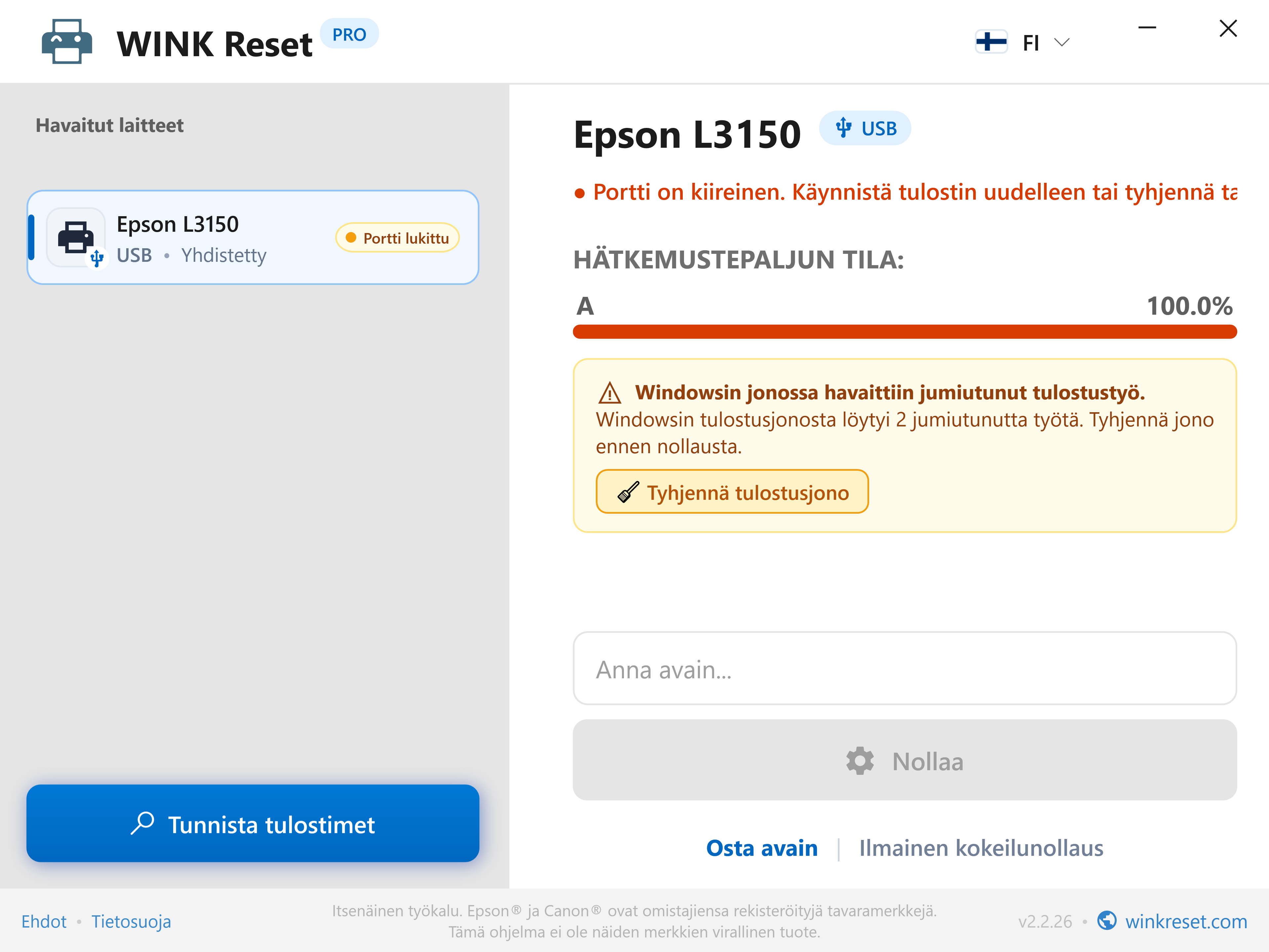 Jumiutuneen tulostusjonon (Print Spooler) automaattinen tunnistus - WINK Reset PRO (FI)