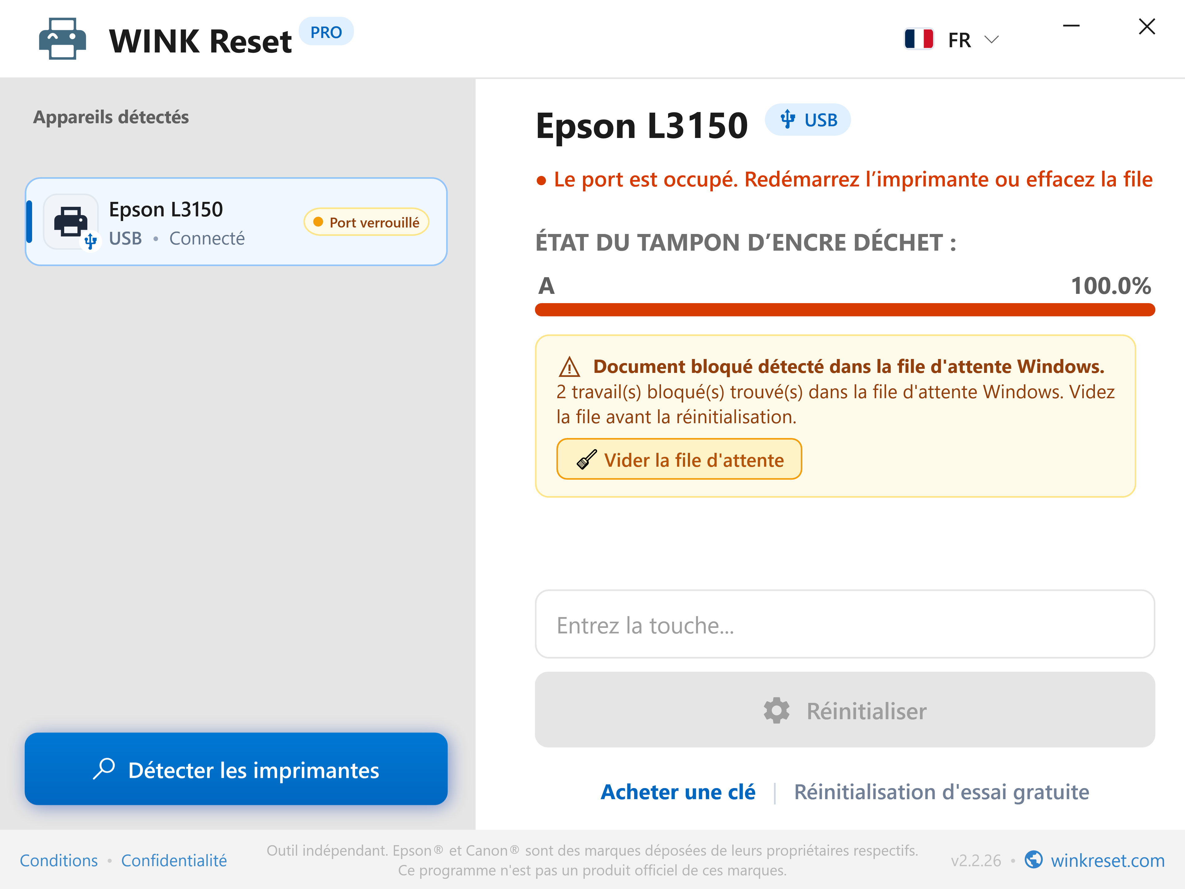 Détection automatique d'un spooler d'impression bloqué - WINK Reset PRO (FR)