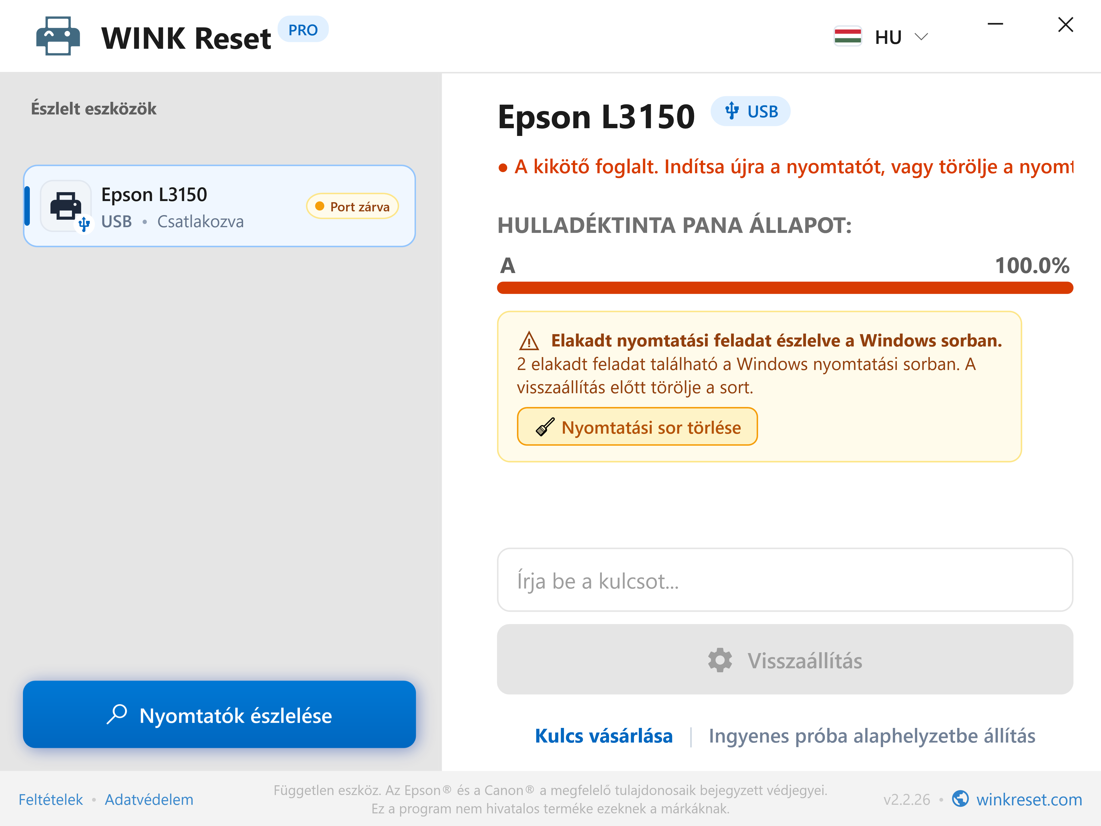 Beragadt nyomtatási sor (Print Spooler) automatikus észlelése - WINK Reset PRO (HU)