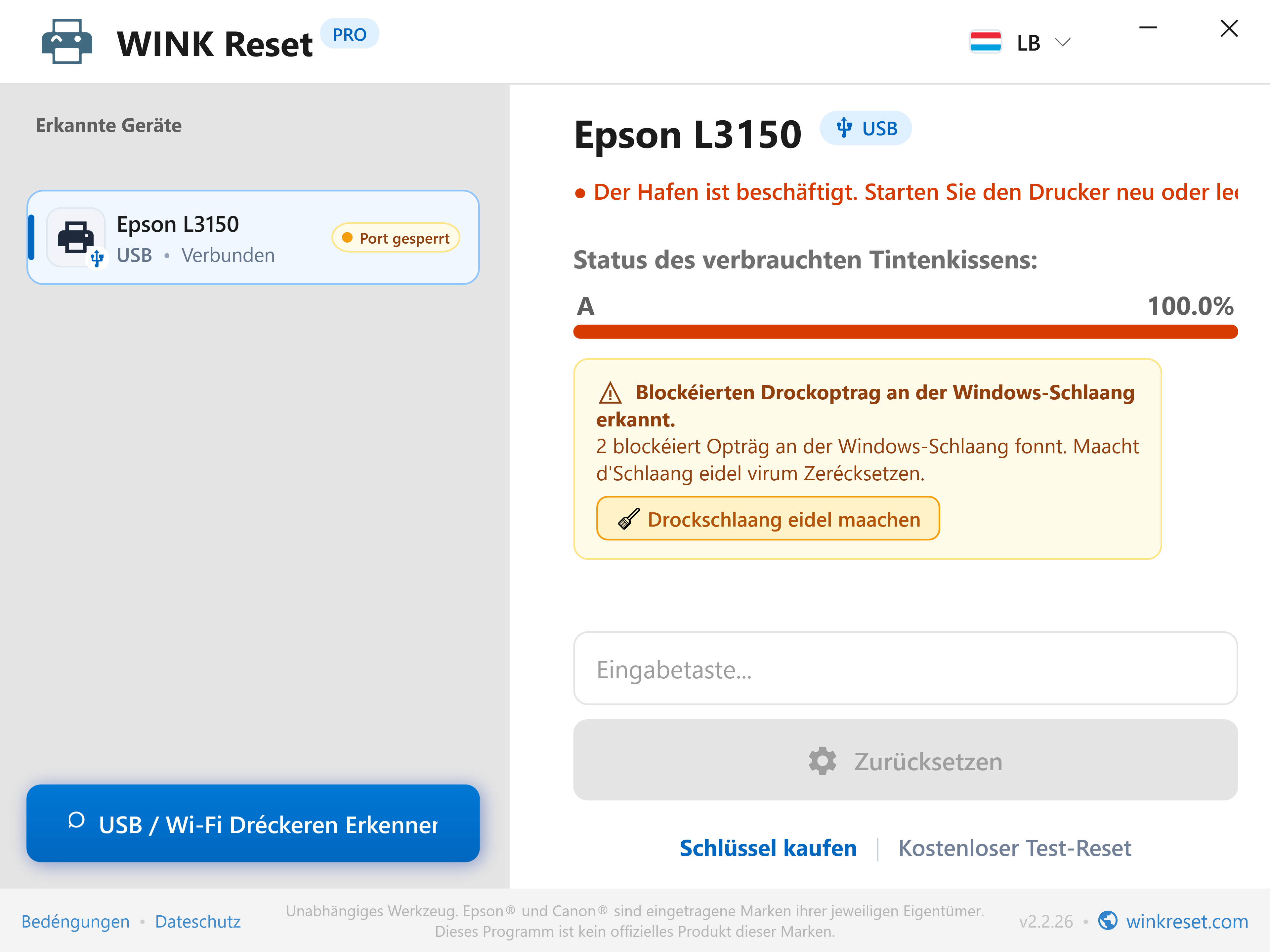 Automatesch Erkennung vu blockéierten Dréckopträg (Print Spooler) - WINK Reset PRO (LB)