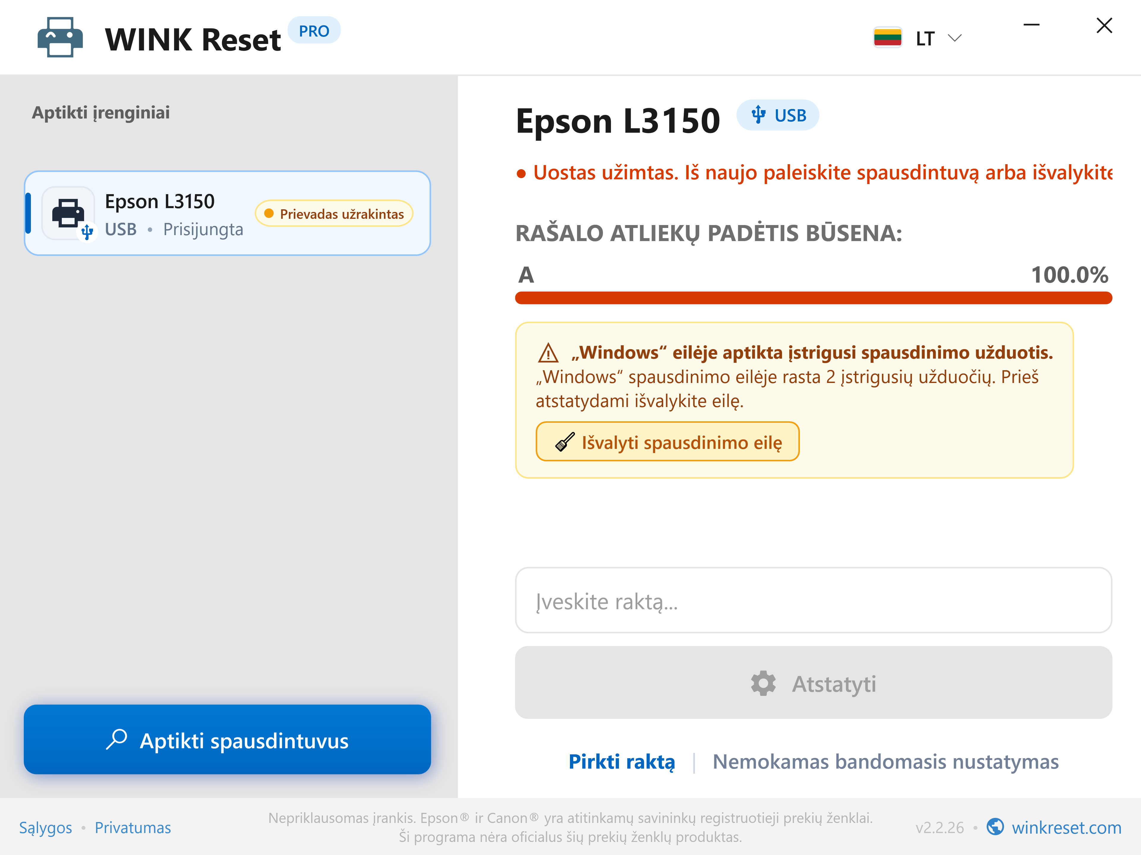Automatinis įstrigusios spausdinimo eilės (Print Spooler) aptikimas - WINK Reset PRO (LT)