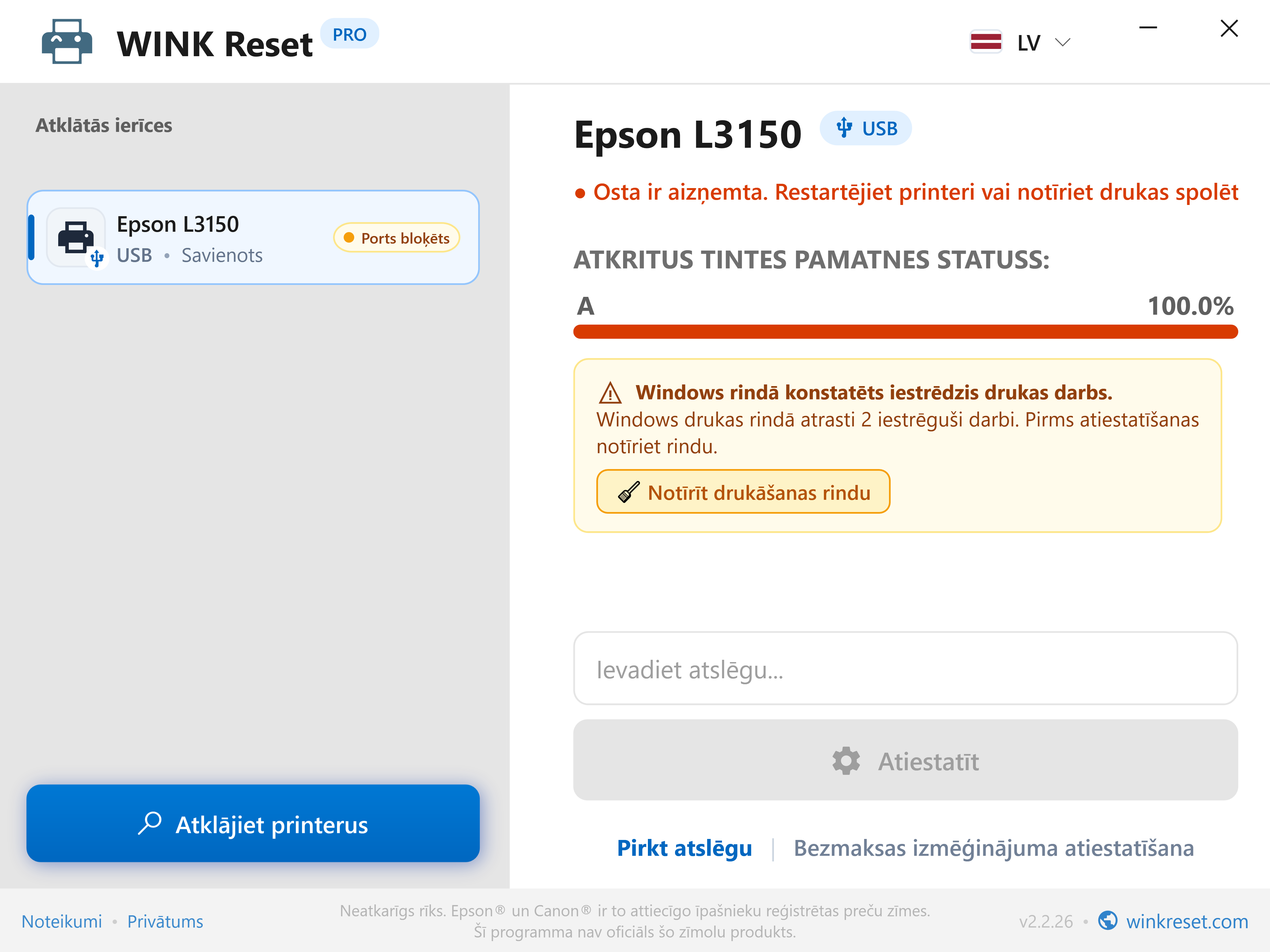Iestrēgušas drukas rindas (Print Spooler) automātiska noteikšana - WINK Reset PRO (LV)