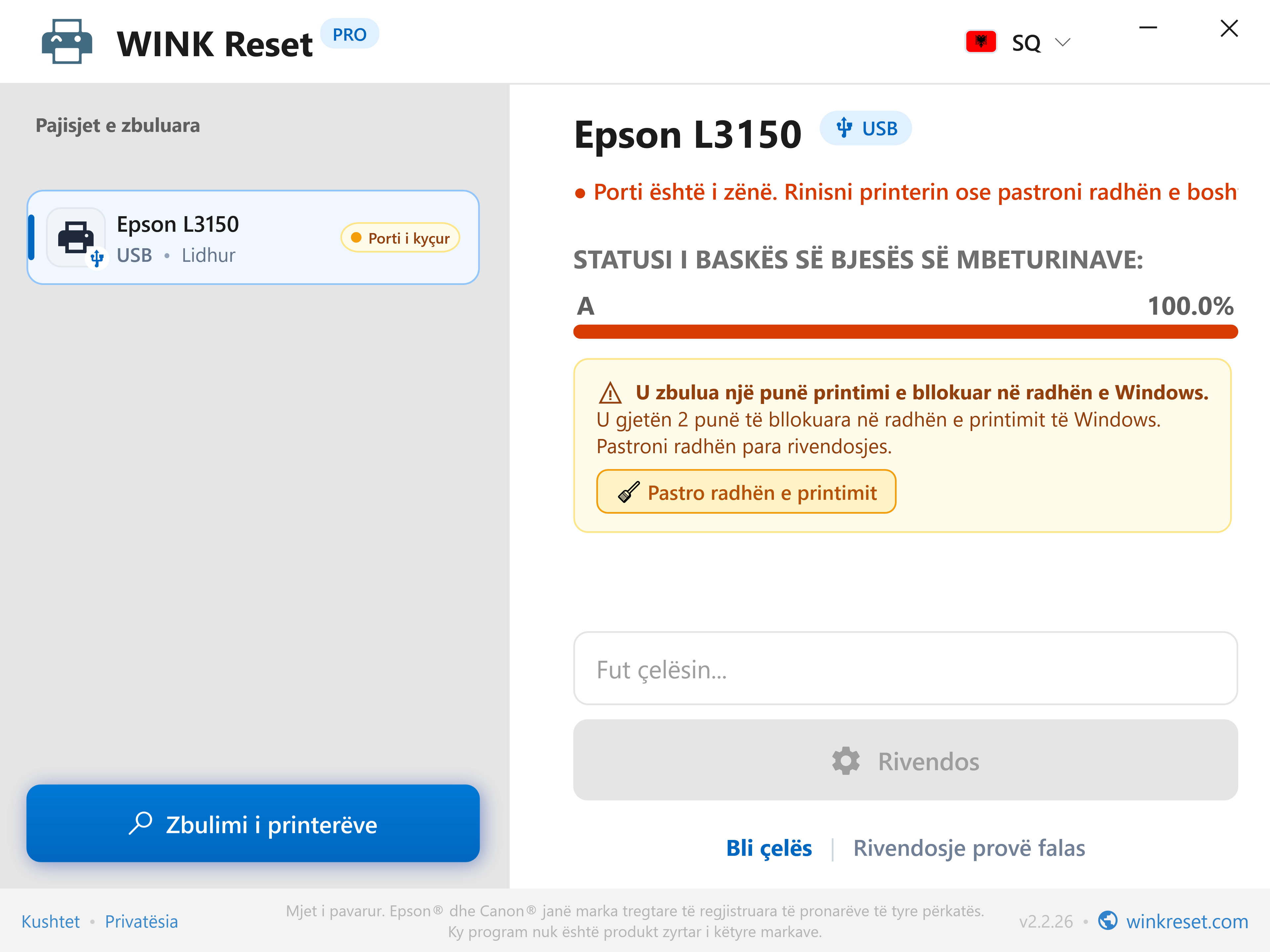 Zbulim automatik i radhës së bllokuar të printimit (Print Spooler) - WINK Reset PRO (SQ)
