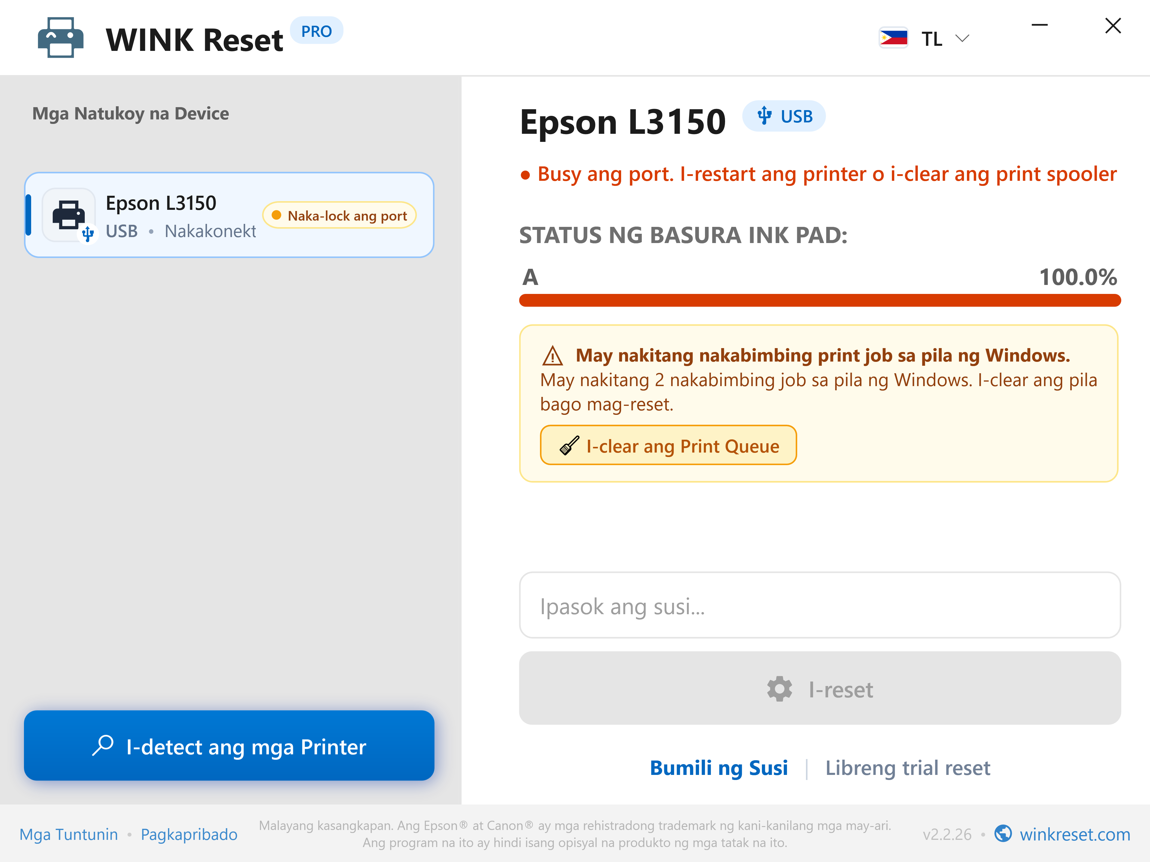 Awtomatikong pagtuklas ng na-stuck na print queue (Print Spooler) - WINK Reset PRO (TL)