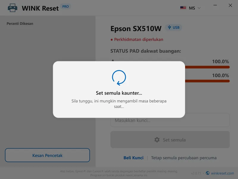 baiki lampu merah berkelip epson wic reset ms