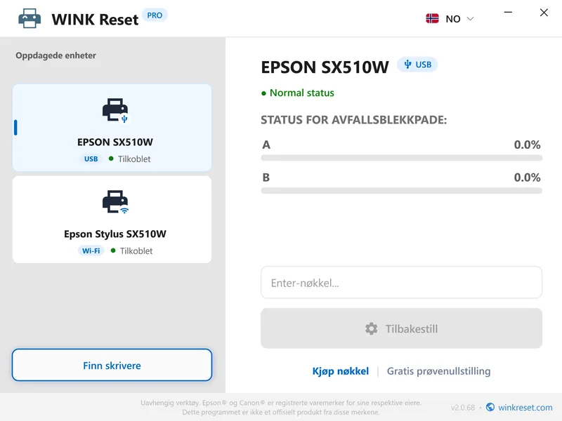 epson blekkpute tellere vellykket tilbakestilt null