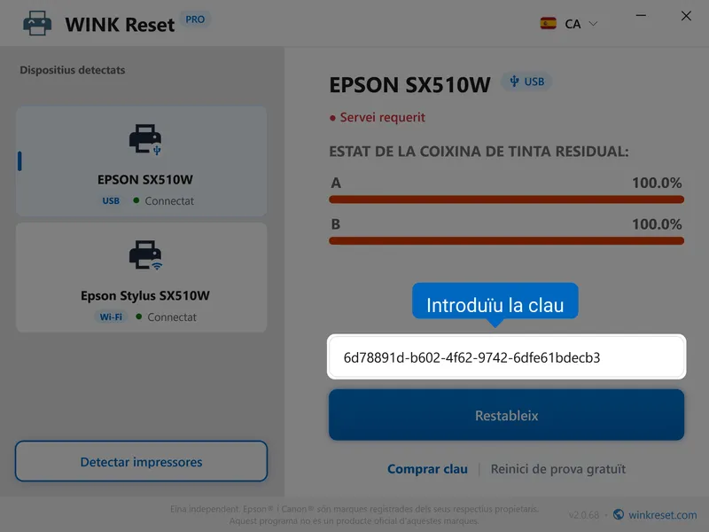 epson coixinets residus tinta wic introduir clau ca